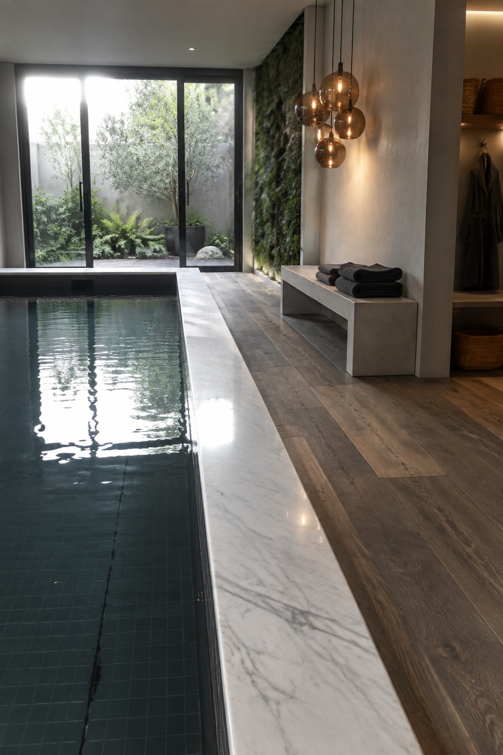 Modern indoor pool with dark tiles, marble ledge, wood floors, living wall and pendant lights