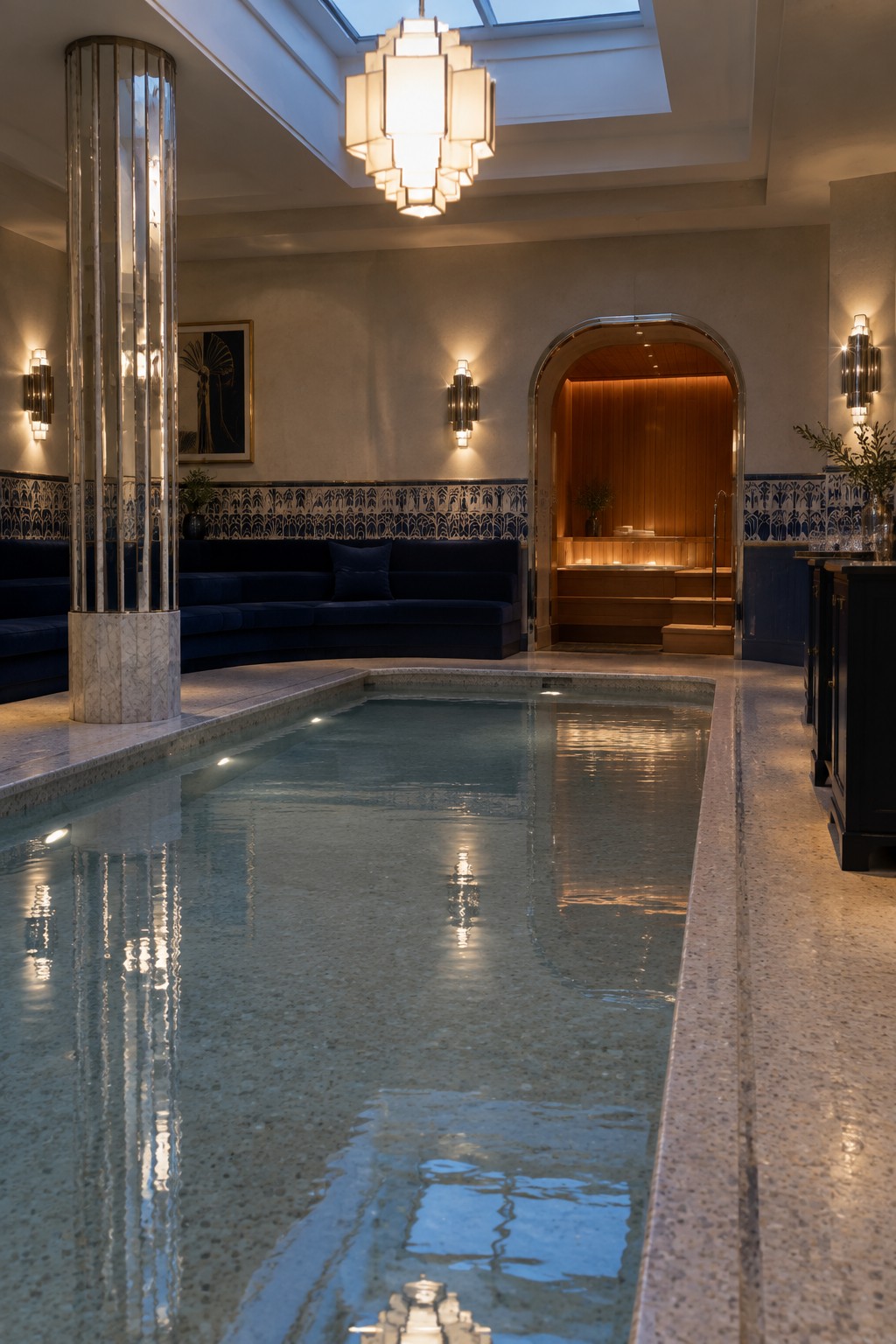 An indoor pool with speckled stone coping and calm water inside a room with blue velvet seating, patterned tile walls, and an arched wood doorway in the background.