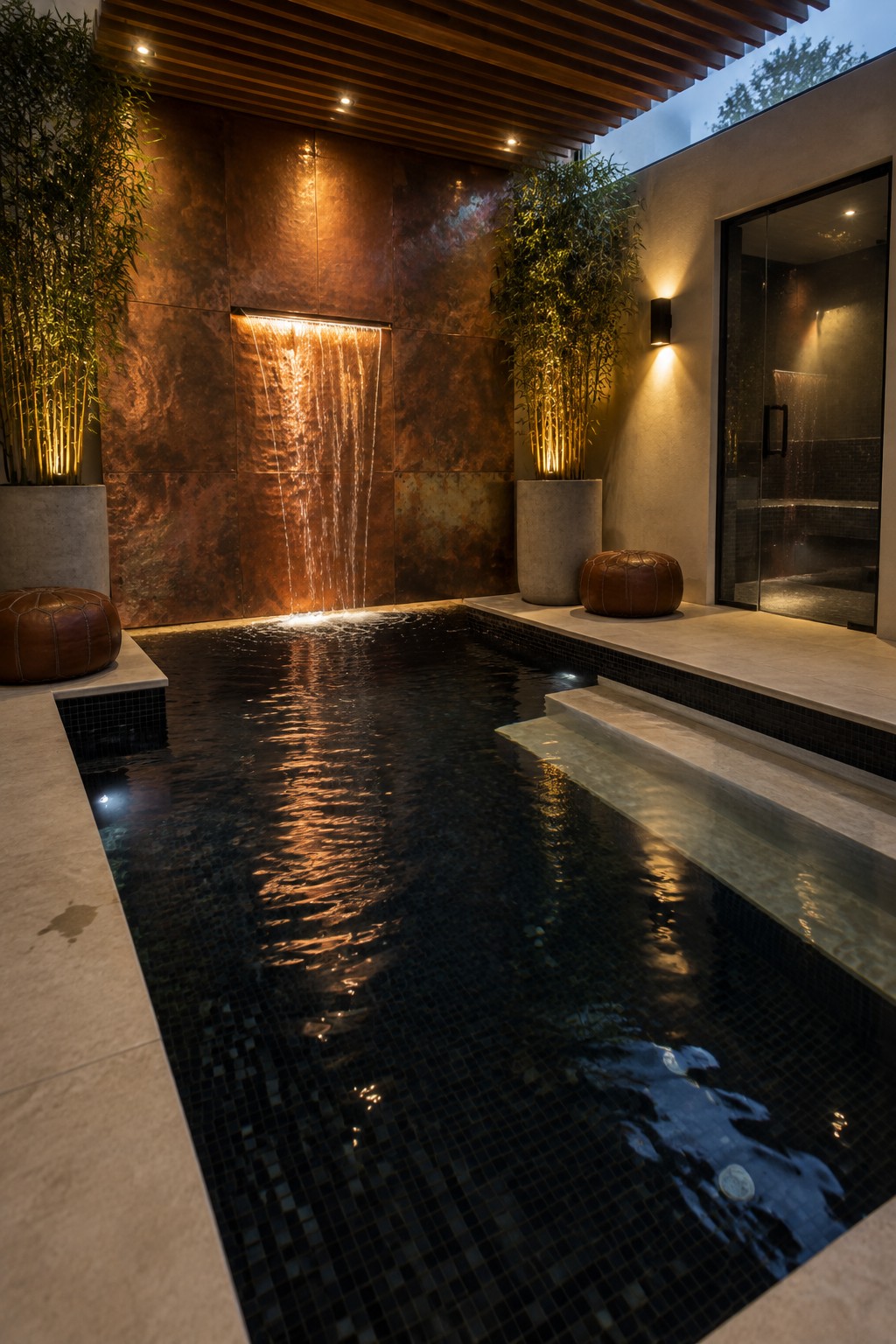 Luxurious indoor pool with cascading waterfall on copper wall and bamboo plants