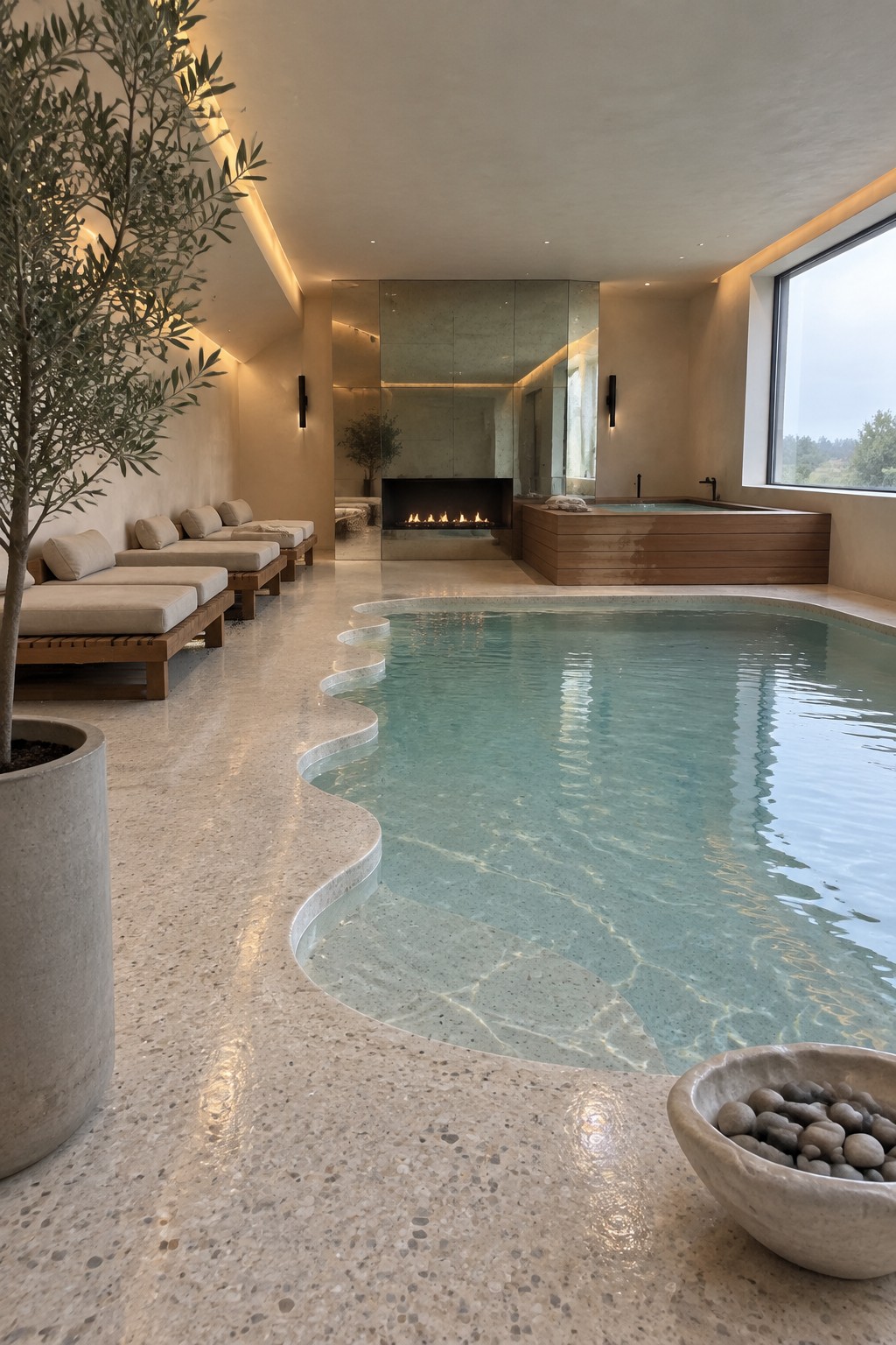 An indoor pool with a freeform curved edge, terrazzo flooring, wooden lounge chairs, a large potted tree, and a visible fireplace in the background.