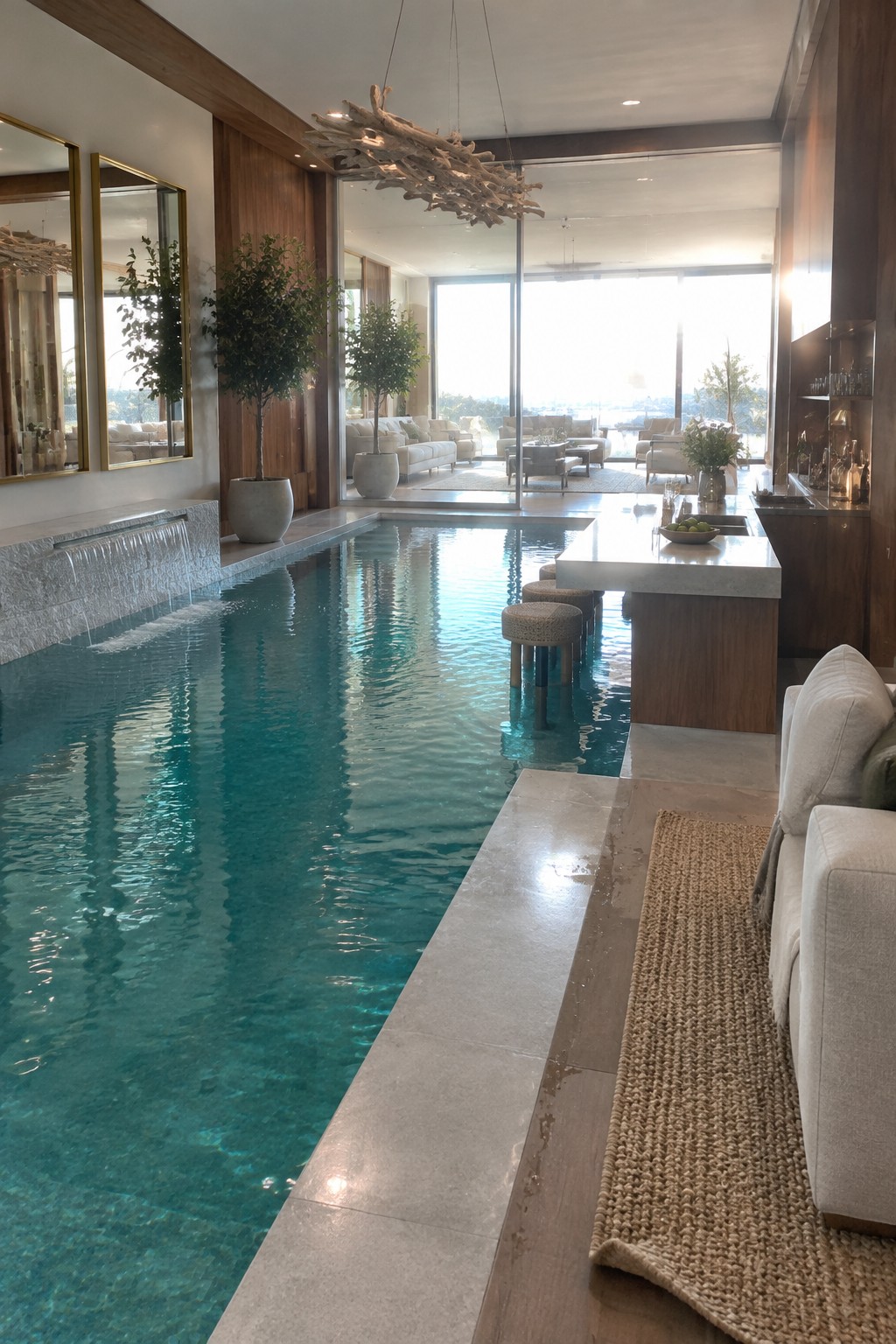 A long indoor pool extends through a modern living space with a marble island and woven stools placed directly in the water, large windows in the background, and wood wall panels.