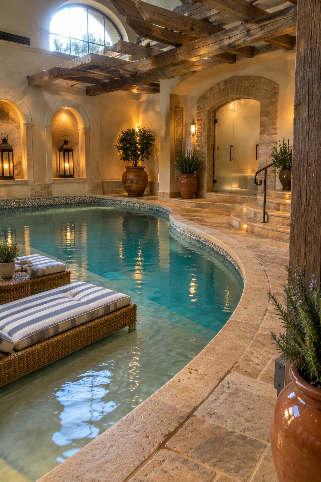 Rustic indoor pool with striped lounge chairs, wooden beams, and stone arches