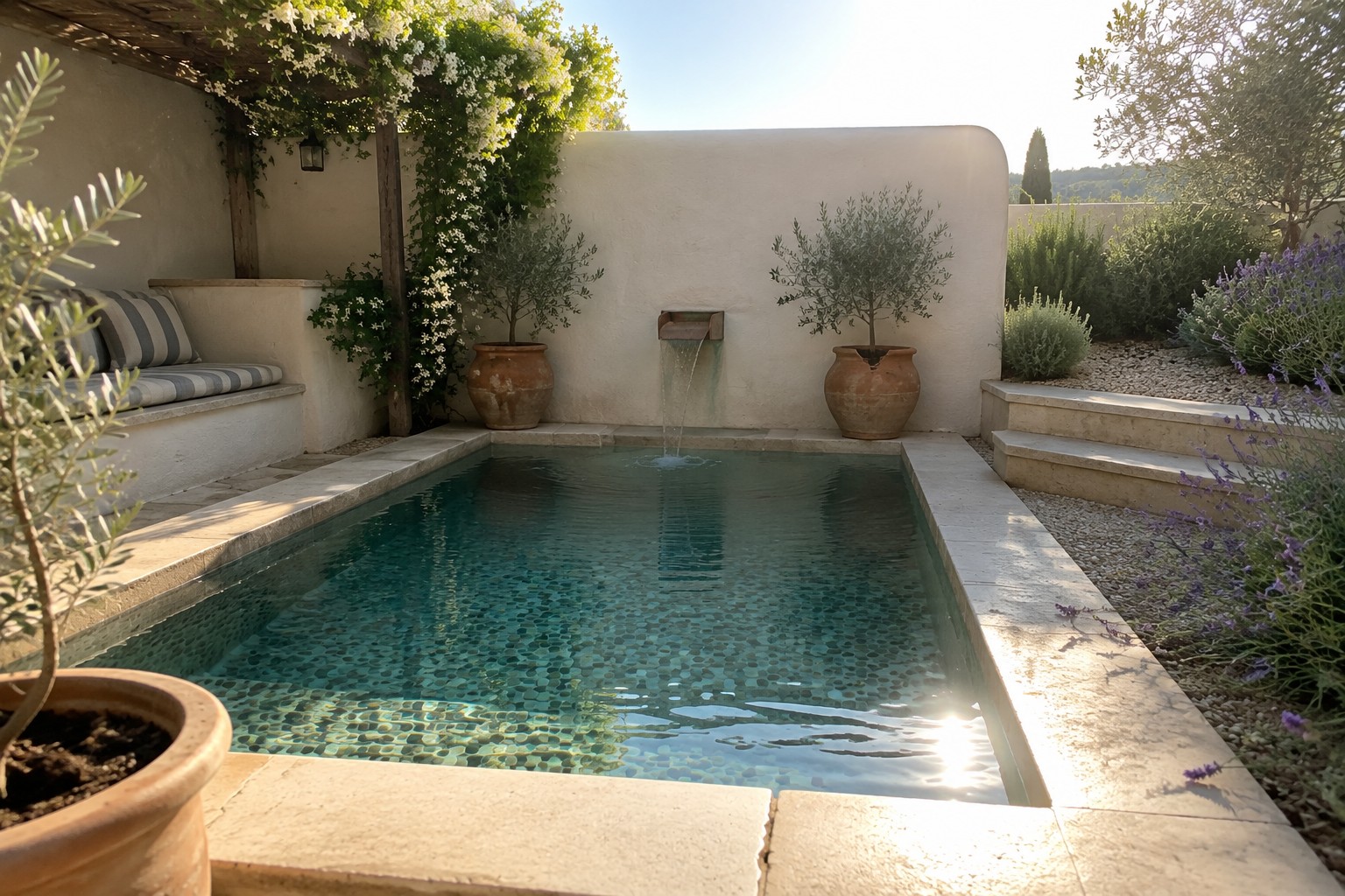 A small plunge pool with pebble bottom and natural stone surround, flanked by terracotta pots and lavender in a garden with a built-in bench and climbing vines.