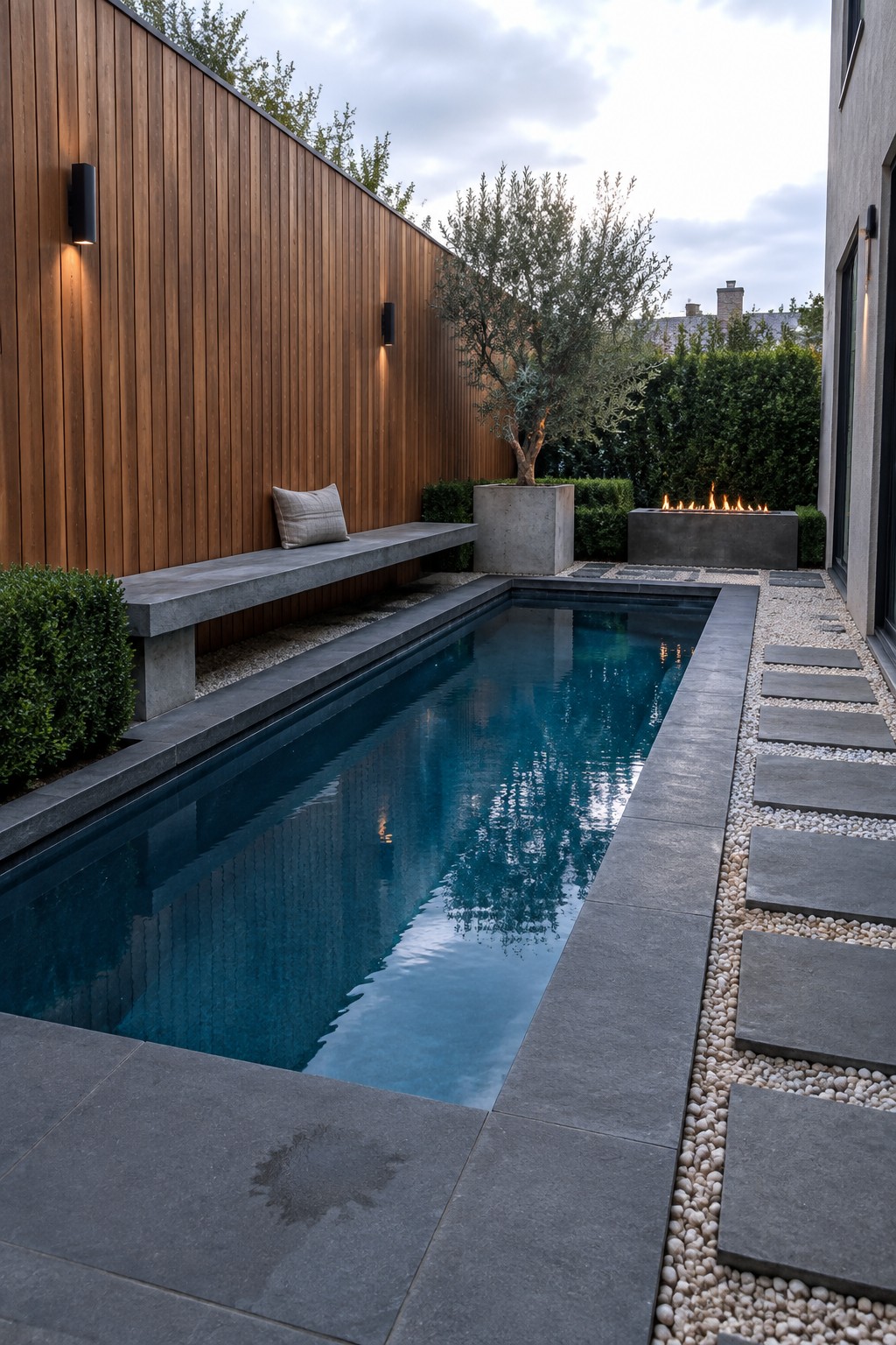 21 Fresh Plunge Pool Landscaping Ideas With Natural Stone Surrounds A narrow rectangular plunge pool with dark stone coping, a long concrete bench against a vertical wood wall on the left, and rectangular stepping stones set in white gravel on the right.