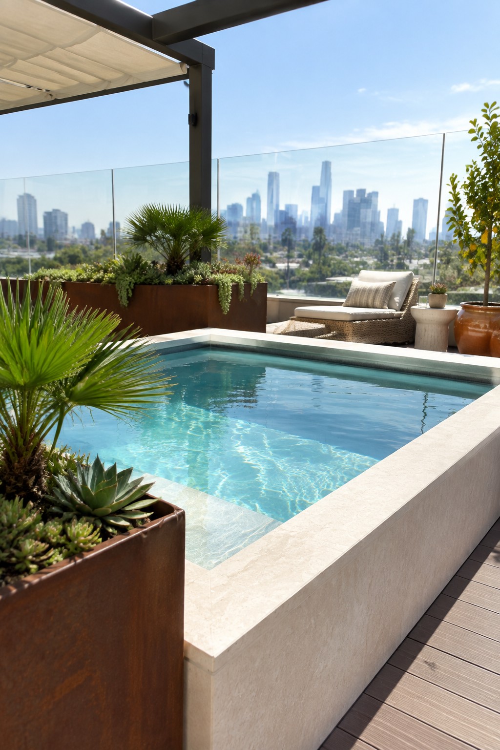 21 Fresh Plunge Pool Landscaping Ideas With Natural Stone Surrounds Modern rooftop pool with turquoise water overlooking city skyline amid potted plants and lounge furniture