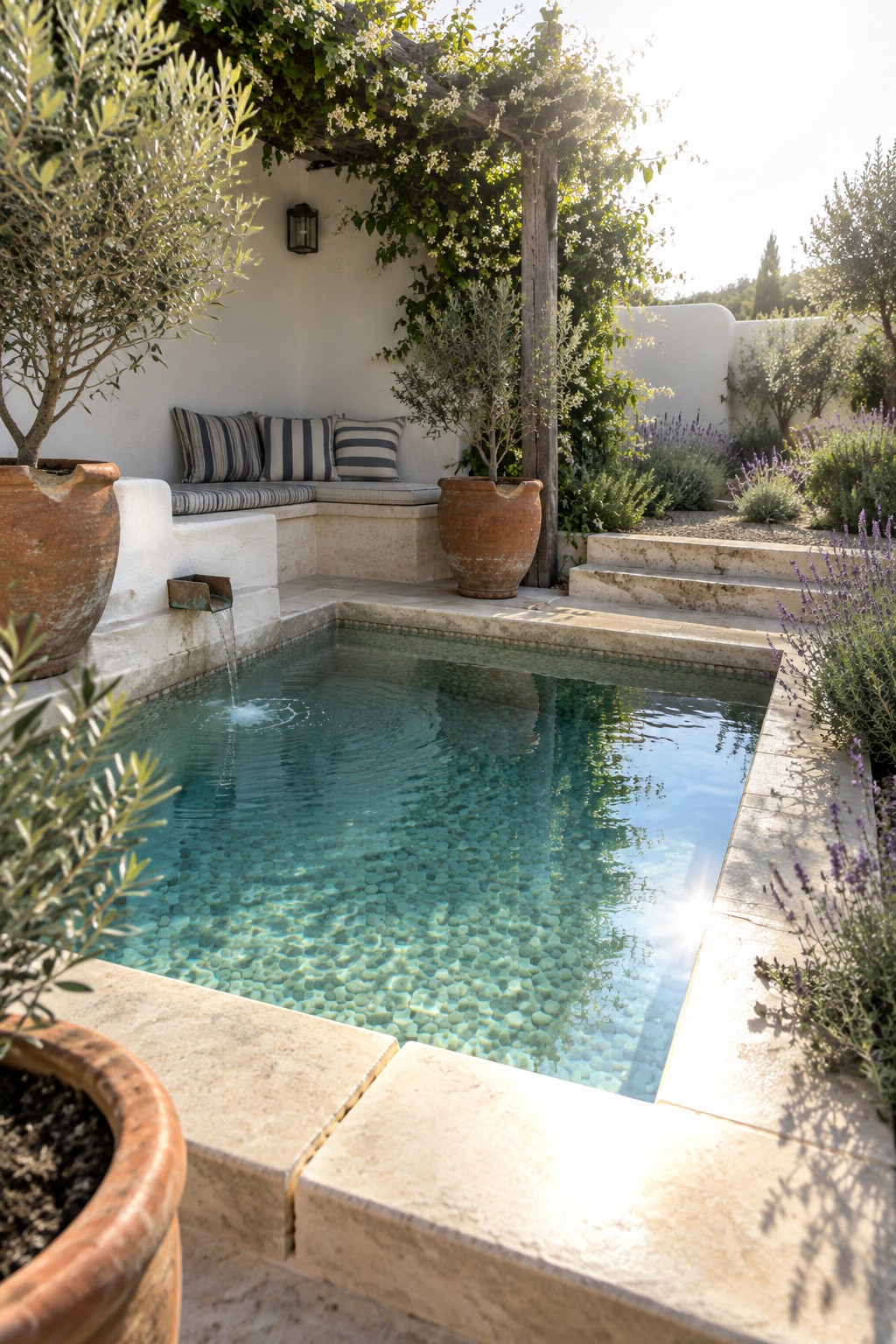 21 Fresh Plunge Pool Landscaping Ideas With Natural Stone Surrounds A small plunge pool with pebble bottom and natural stone surround, flanked by terracotta pots and lavender in a garden with a built-in bench and climbing vines.
