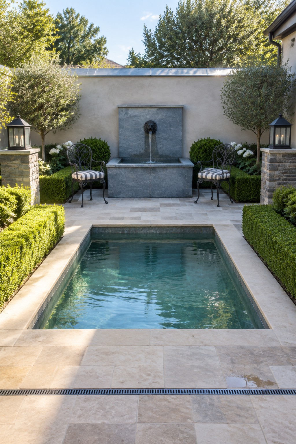 21 Fresh Plunge Pool Landscaping Ideas With Natural Stone Surrounds A rectangular plunge pool with light natural stone coping and decking, a back wall fountain with lion head spout, two striped chairs, and clipped hedges on either side.