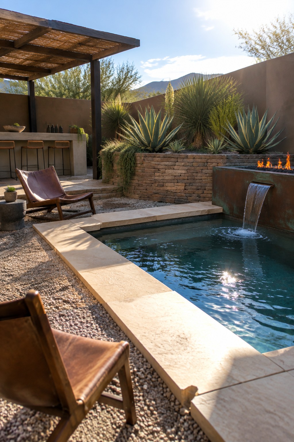 21 Fresh Plunge Pool Landscaping Ideas With Natural Stone Surrounds Desert pool with waterfall, fire feature, agave plants, stone wall, and leather chairs