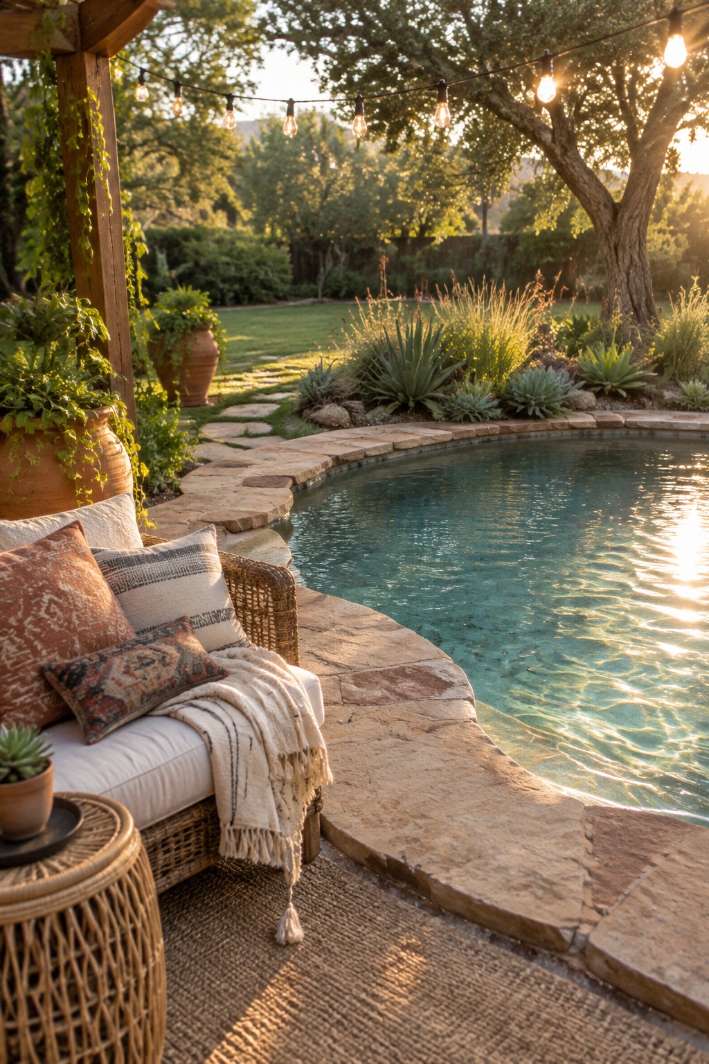 21 Fresh Plunge Pool Landscaping Ideas With Natural Stone Surrounds A curved plunge pool lined with irregular natural stone, next to a wicker daybed with pillows, terracotta pots, and string lights in a garden at sunset.