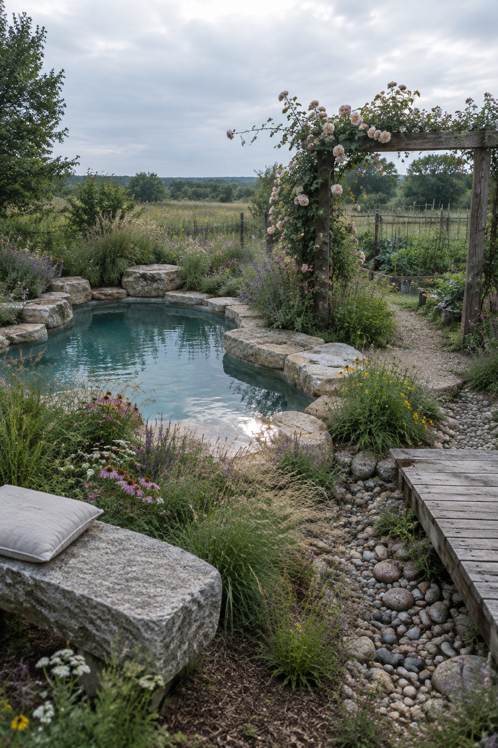 21 Fresh Plunge Pool Landscaping Ideas With Natural Stone Surrounds A small natural swimming pool bordered by large irregular stones, with flowering plants, grasses, a gravel path, wooden pergola with roses, and a stone bench in the foreground.