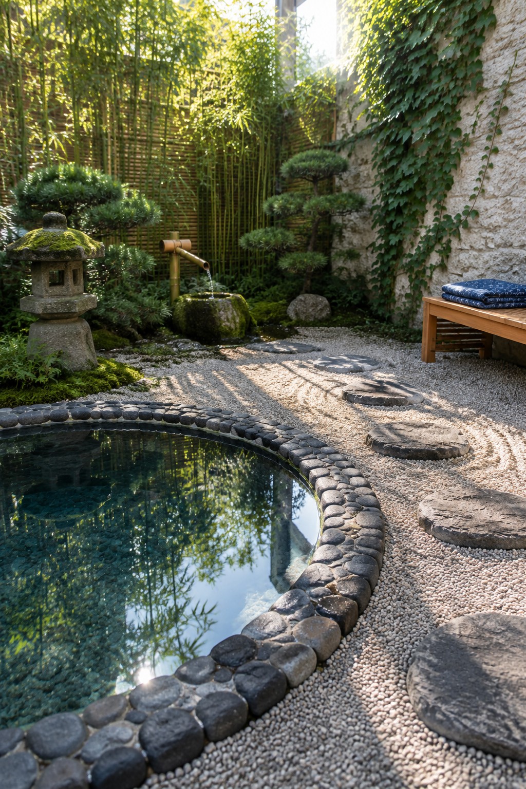 21 Fresh Plunge Pool Landscaping Ideas With Natural Stone Surrounds A small circular plunge pool with a border of dark rounded stones sits in a gravel garden beside bamboo, a stone lantern, and a wooden bench.