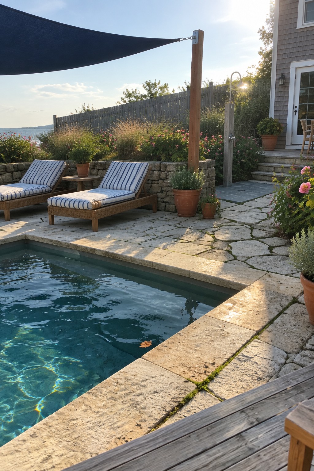 21 Fresh Plunge Pool Landscaping Ideas With Natural Stone Surrounds A rectangular plunge pool edged with irregular natural stone pavers sits next to two striped lounge chairs under a blue shade sail, with garden beds and a wooden fence in the background.