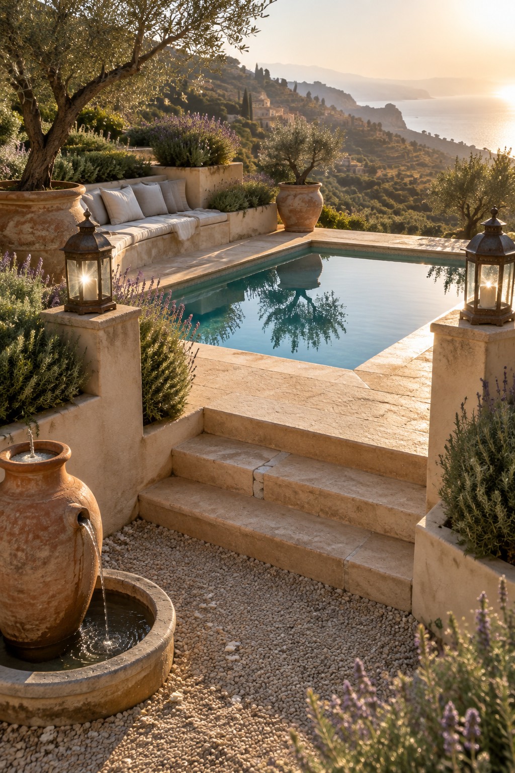 21 Fresh Plunge Pool Landscaping Ideas With Natural Stone Surrounds Stone terrace with pool, fountain, lanterns overlooking sea at golden hour sunset