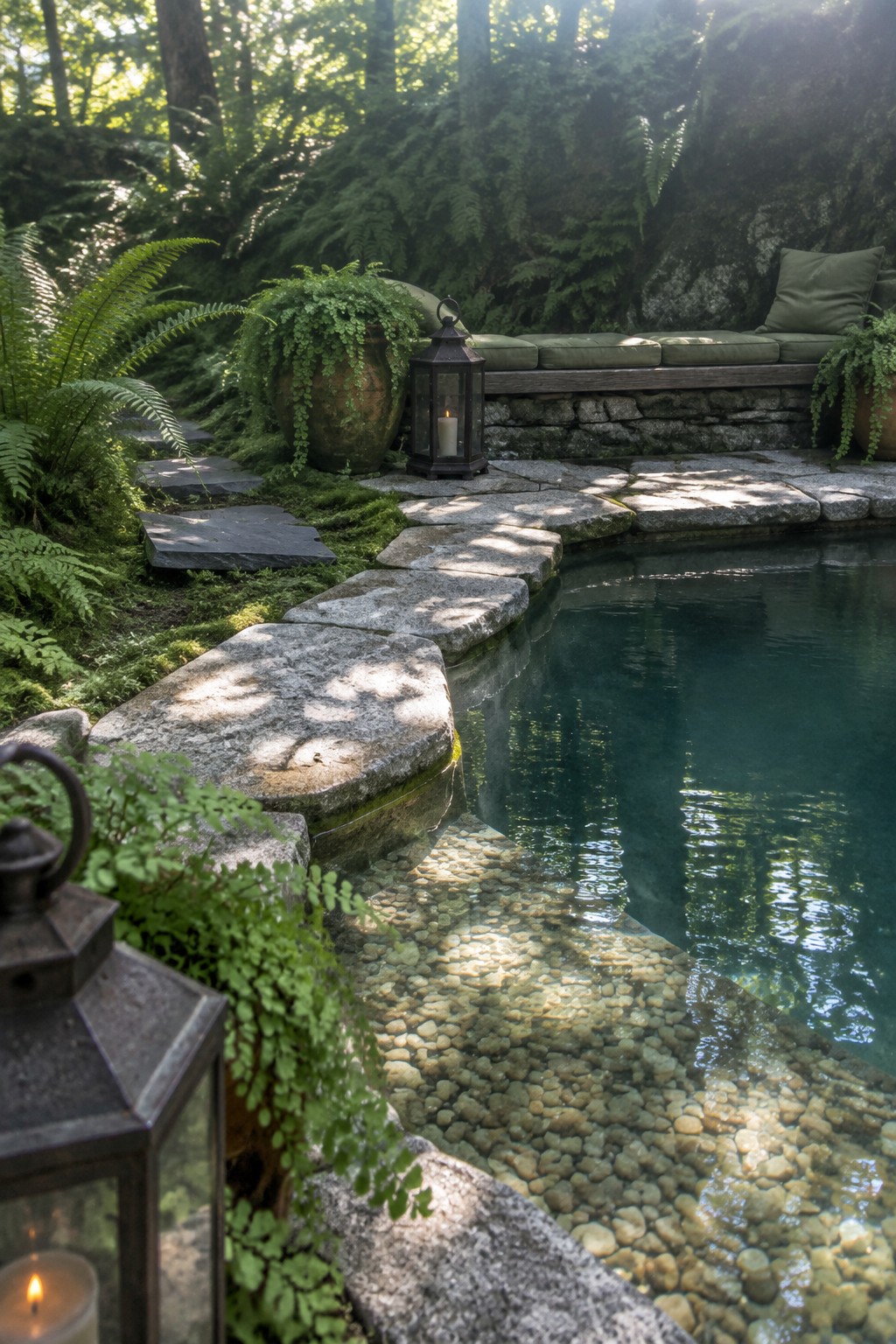 21 Fresh Plunge Pool Landscaping Ideas With Natural Stone Surrounds Serene forest pool with stone steps, candle lanterns, ferns, and mossy rocks.