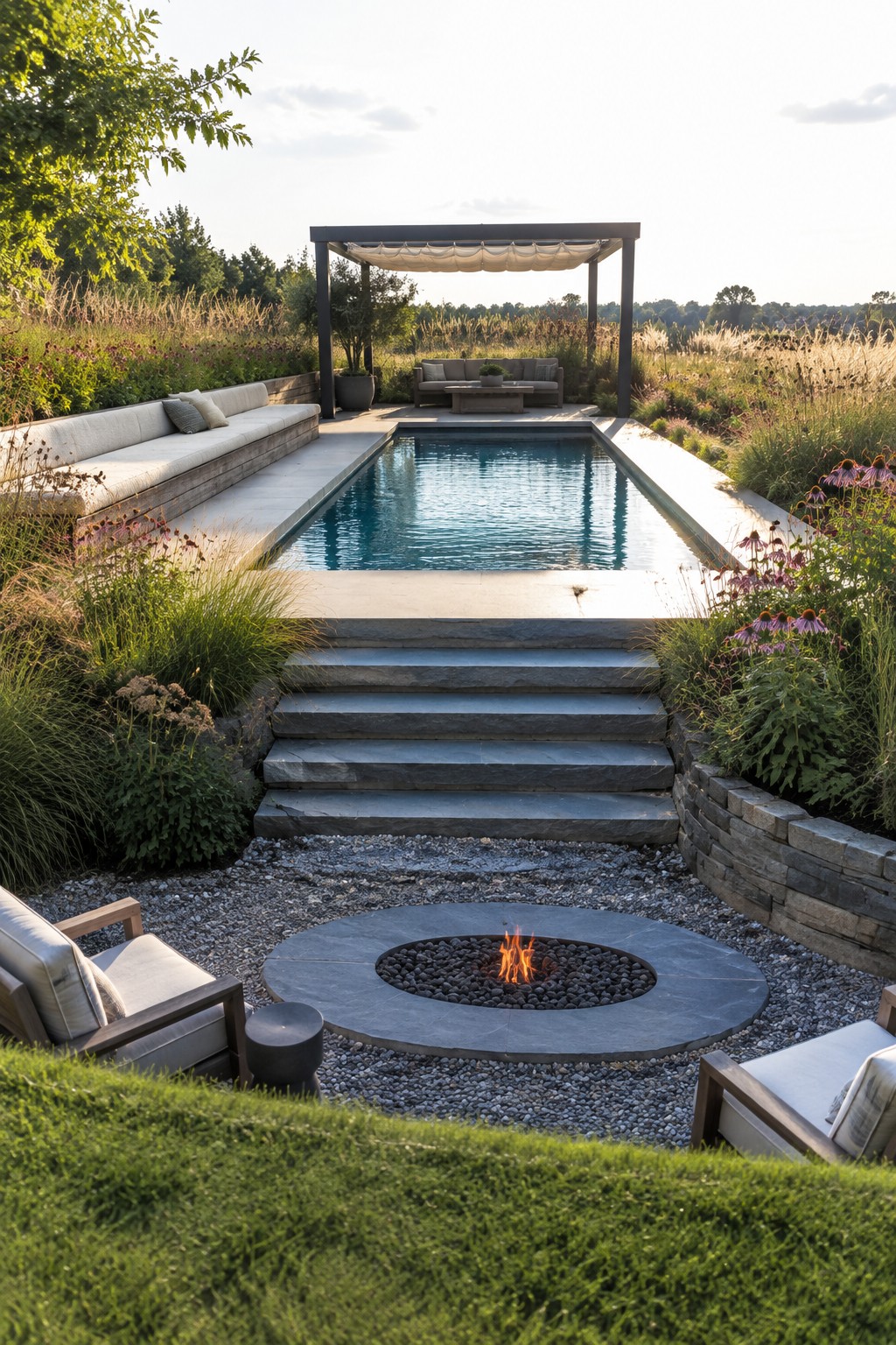 21 Fresh Plunge Pool Landscaping Ideas With Natural Stone Surrounds Outdoor pool with stone steps, fire pit, pergola seating, and wildflower garden