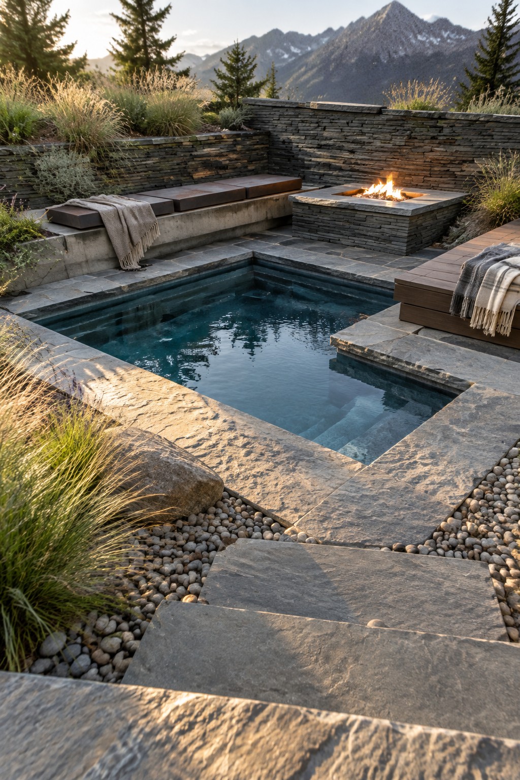 21 Fresh Plunge Pool Landscaping Ideas With Natural Stone Surrounds Luxurious stone plunge pool with fire pit and mountain views at sunset