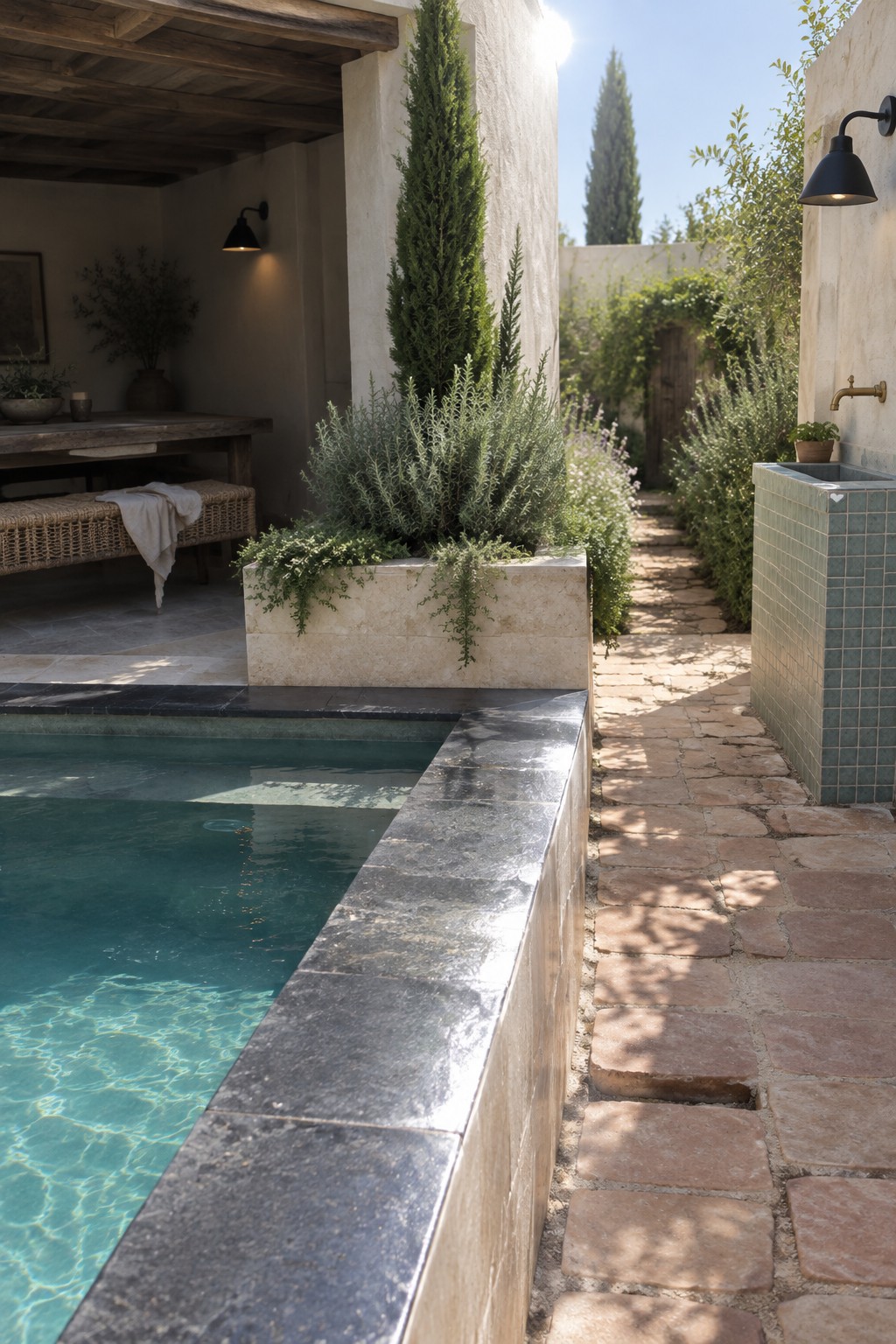 21 Fresh Plunge Pool Landscaping Ideas With Natural Stone Surrounds A plunge pool with dark natural stone coping beside a light stone planter box filled with shrubs and a cobblestone path running alongside.