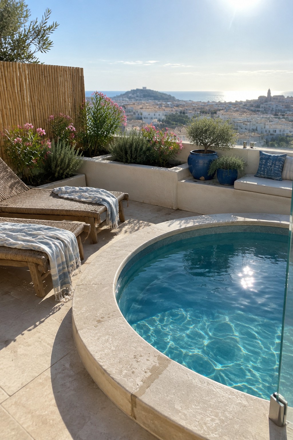21 Fresh Plunge Pool Landscaping Ideas With Natural Stone Surrounds A circular plunge pool with a light stone surround on a sunny terrace, flanked by woven lounge chairs, blue ceramic pots, and raised planting beds overlooking a coastal town.