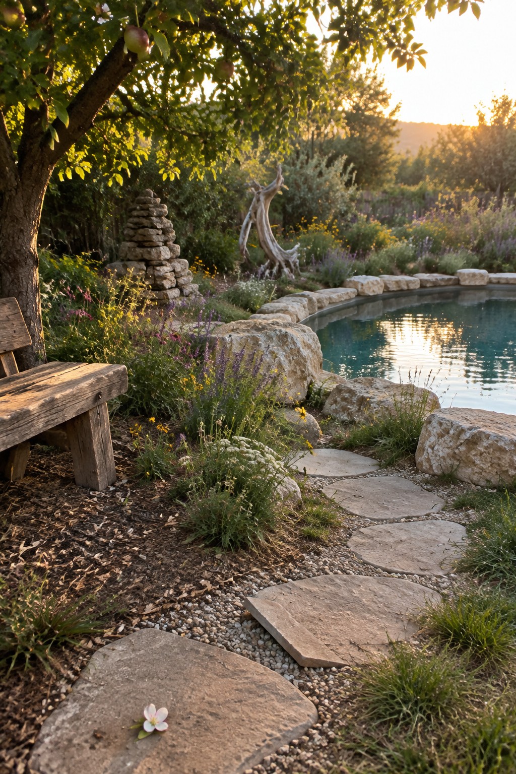 21 Fresh Plunge Pool Landscaping Ideas With Natural Stone Surrounds A small plunge pool lined with large irregular natural stones, with flat stepping stones leading through a garden of wildflowers and grasses toward a wooden bench under a fruit tree.