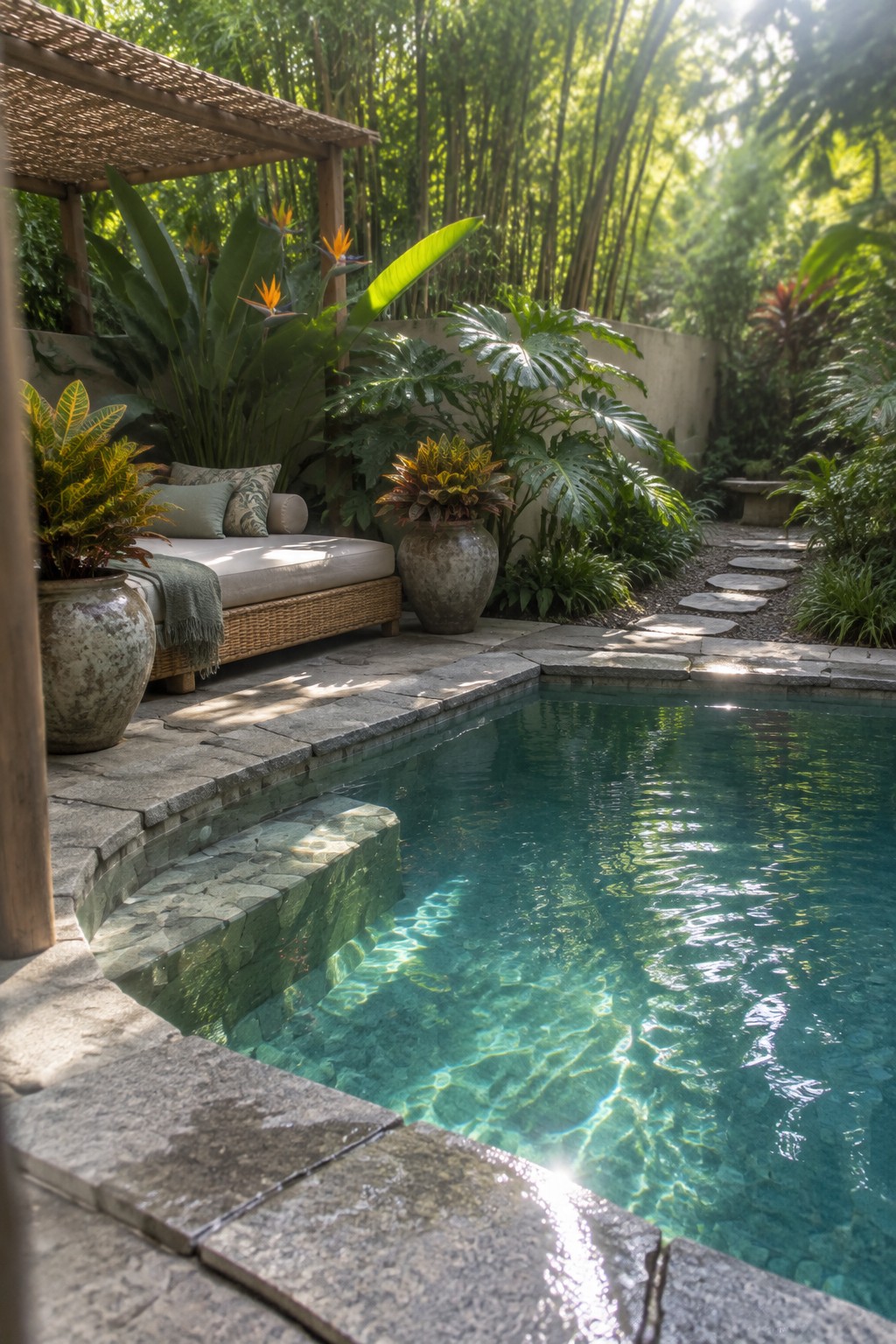 21 Fresh Plunge Pool Landscaping Ideas With Natural Stone Surrounds A small plunge pool with irregular natural stone coping and steps, bordered by large tropical plants in pots and a stone pathway through a lush garden.