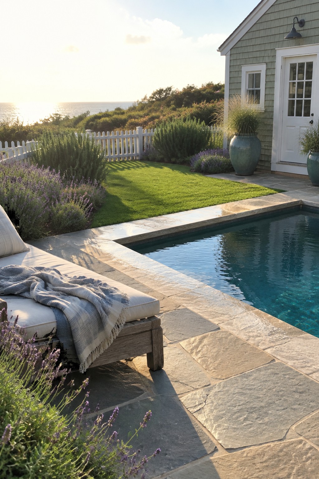 21 Fresh Plunge Pool Landscaping Ideas With Natural Stone Surrounds A rectangular plunge pool with natural stone decking is bordered by lavender plants, a wooden lounge chair, a lawn, and a light green house.