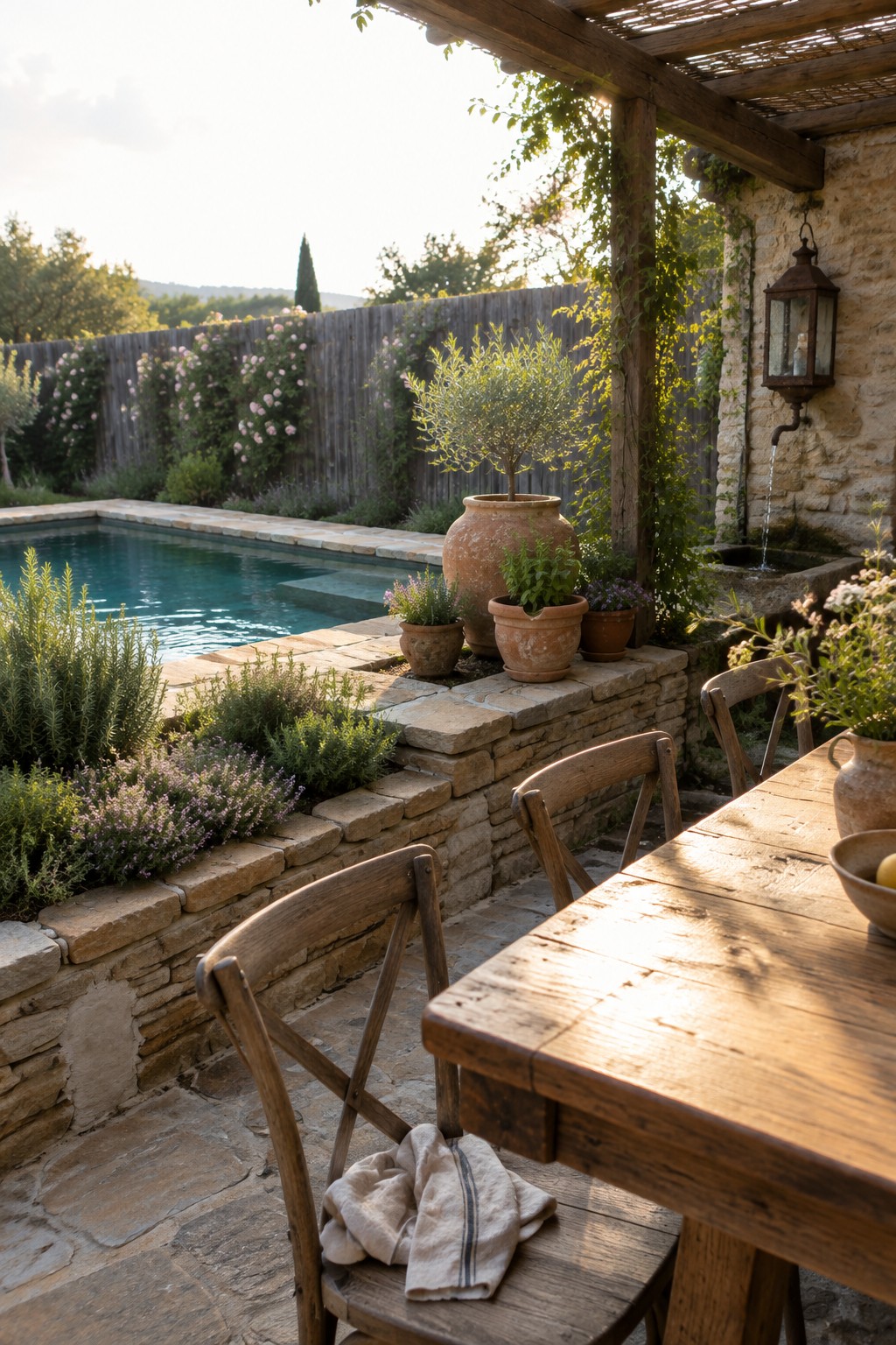 21 Fresh Plunge Pool Landscaping Ideas With Natural Stone Surrounds Rustic wooden table and chairs on stone patio by pool with potted plants and fountain