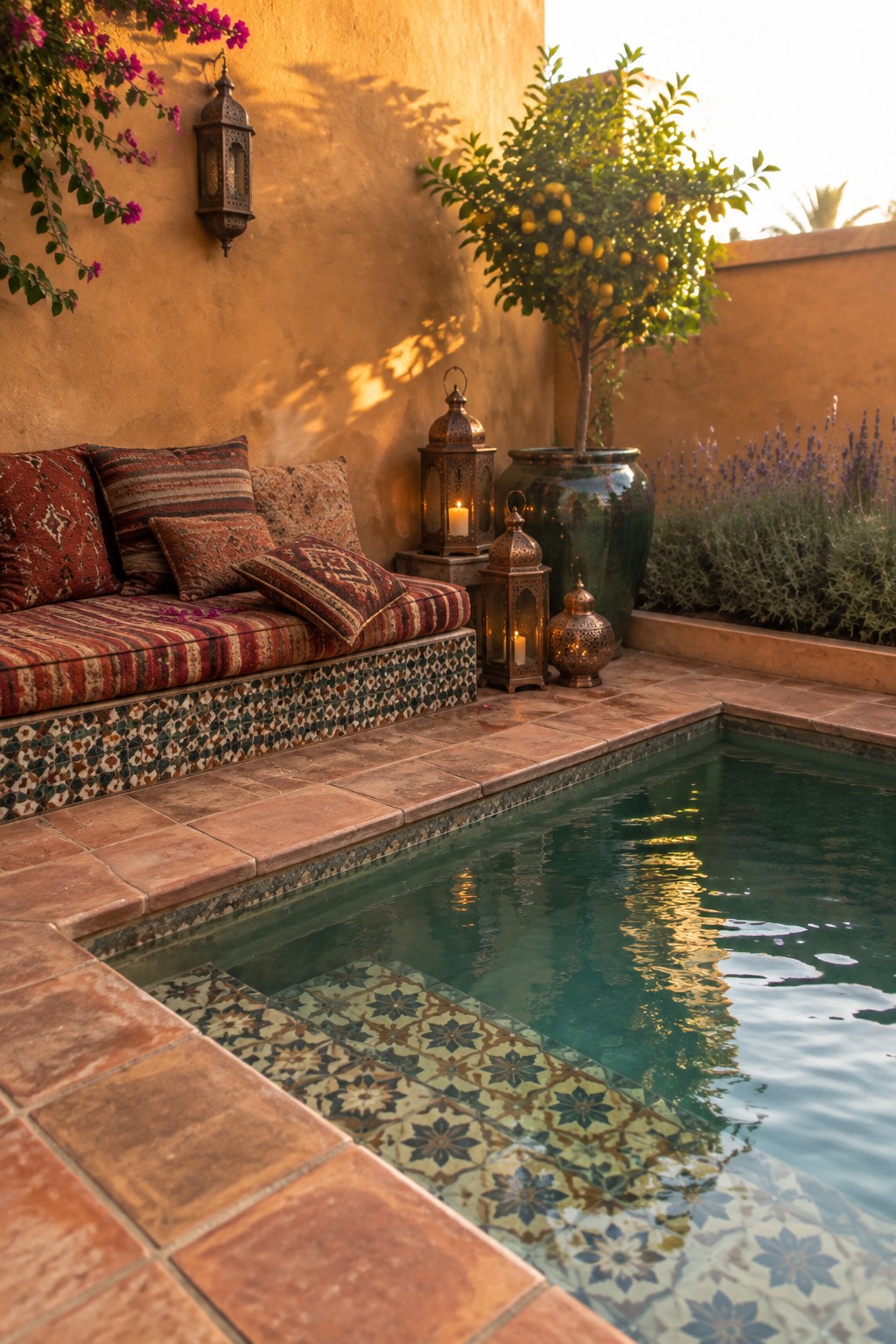 21 Fresh Plunge Pool Landscaping Ideas With Natural Stone Surrounds Moroccan courtyard with plunge pool, patterned bench, glowing lanterns, and lemon tree at sunset