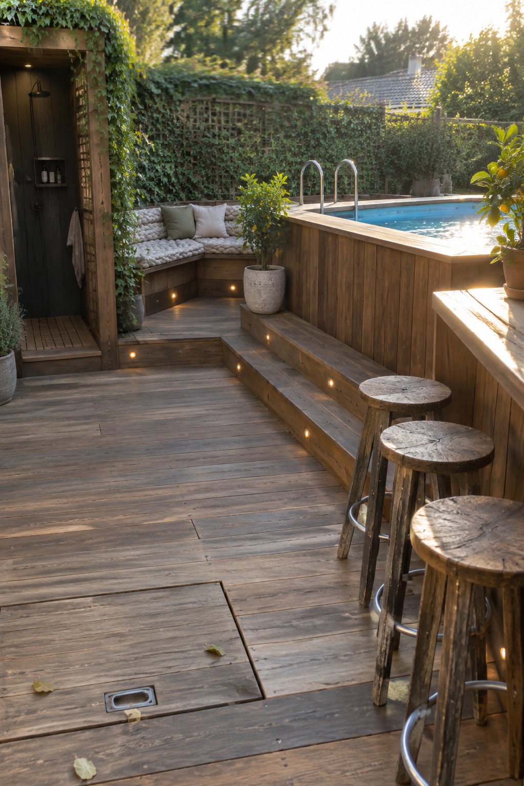 A wooden deck surrounding an above-ground pool with a built-in cushioned corner bench, wooden bar stools, and steps with inset lights.