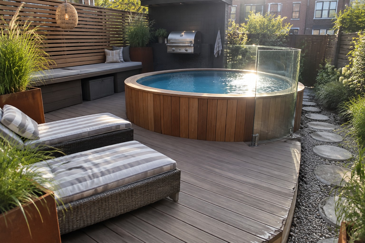 A round above ground pool set into a curved wooden deck with two striped lounge chairs, a grill station, and planters along the perimeter.