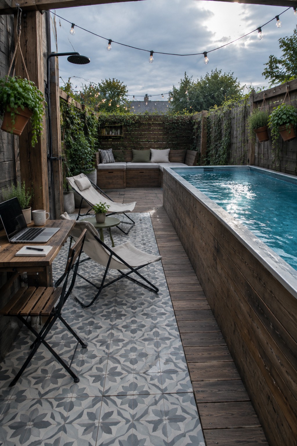 An outdoor patio with an above-ground pool on a wooden deck, lounge chairs, a small table with a laptop, and a built-in bench against a wooden fence.