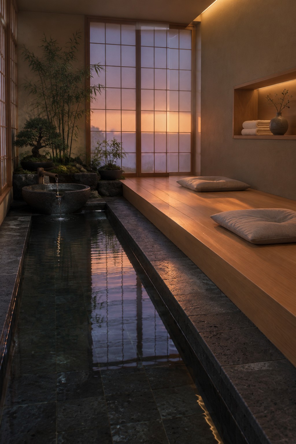 An indoor Japanese-style space with a long narrow water channel bordered by dark stone, next to a light wood platform holding two low cushions, with shoji screens and bamboo plants visible in the background.