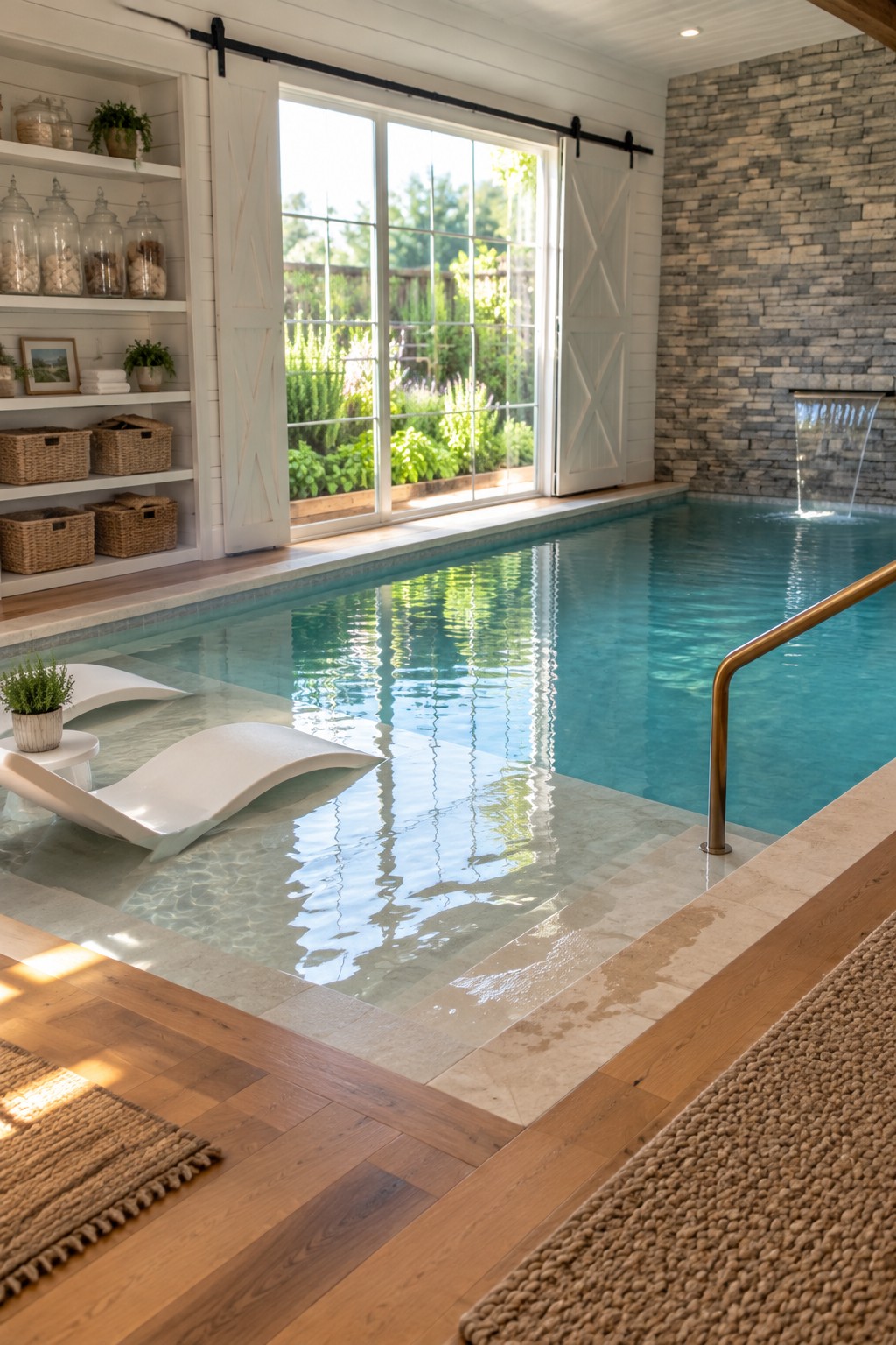 An indoor pool with a shallow lounging shelf holding two white lounge chairs, large sliding barn doors open to a garden view, and a stone wall with a small waterfall on the right.