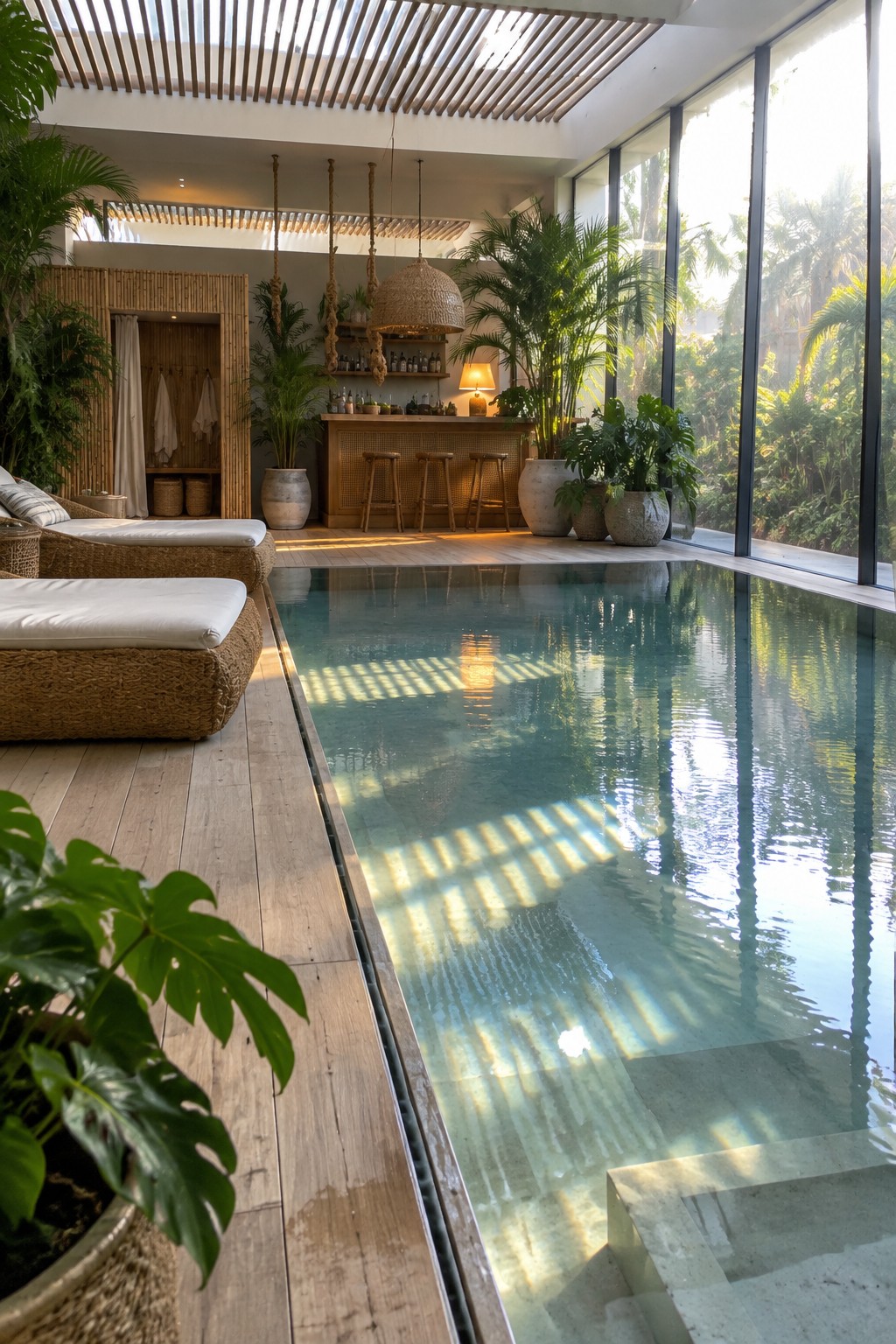 Indoor pool lined with wooden decking, two woven lounge chairs, a bar area, and many potted tropical plants next to large windows.