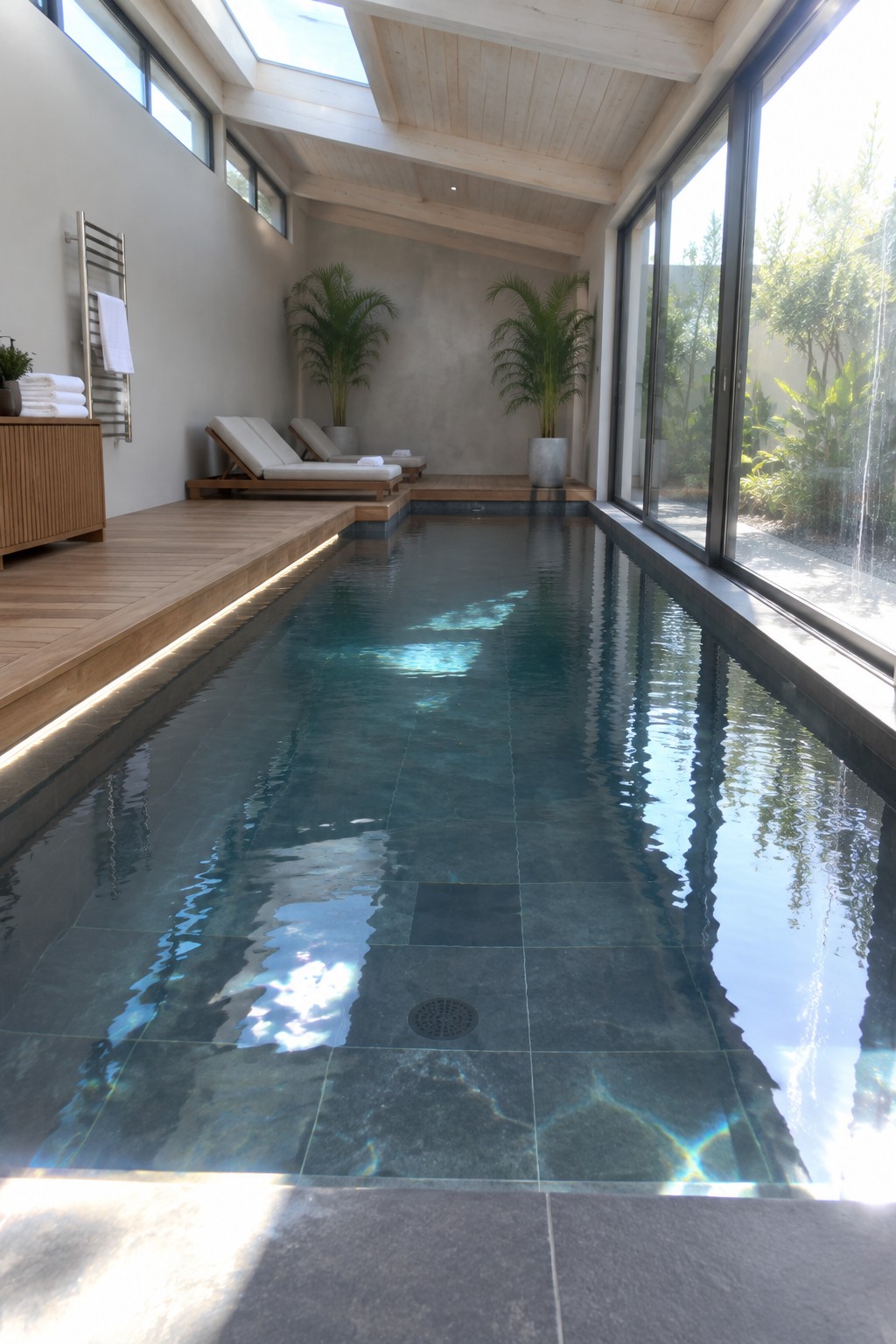 An indoor pool with dark stone tile, a light wood raised deck on the left holding two lounge chairs and potted palms, and large glass doors on the right overlooking a garden.