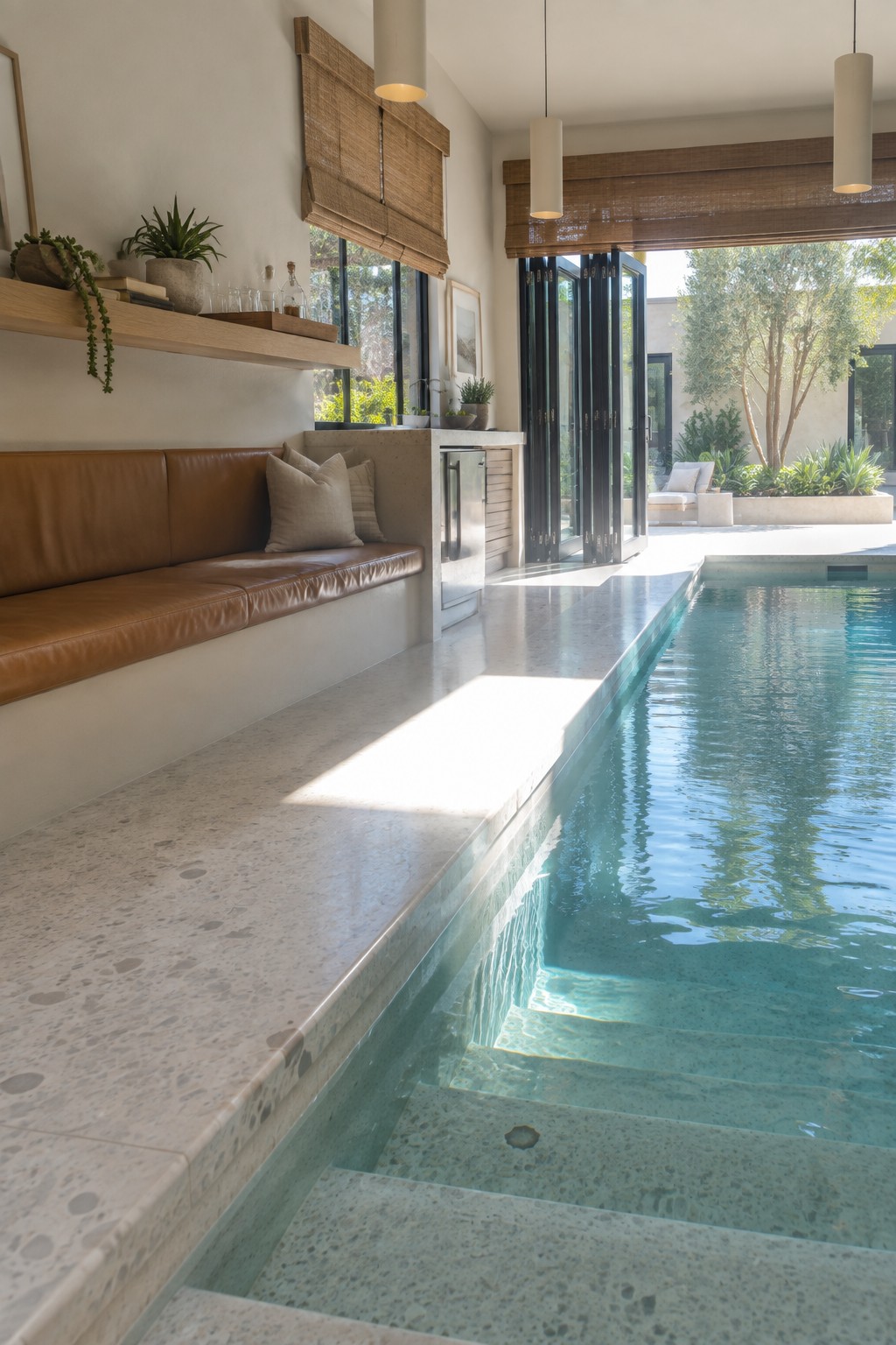 An indoor pool with terrazzo steps and edge, a long brown leather bench with pillows along the wall, and large glass doors open to an outdoor extension of the pool.