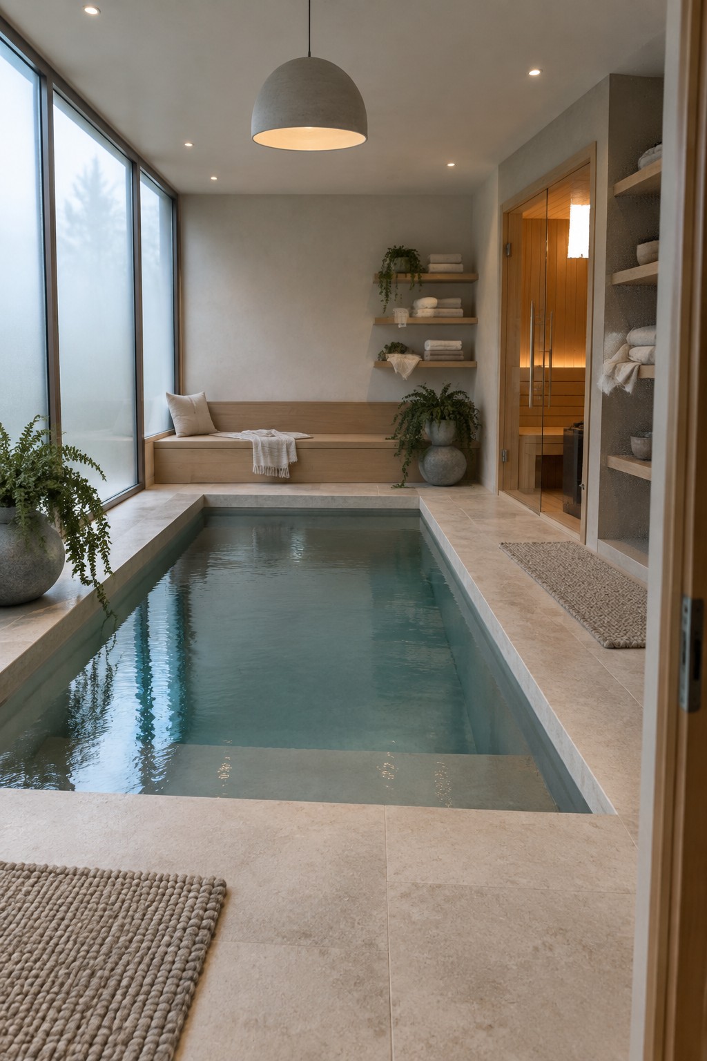 An indoor lap pool with a long light wood built-in bench along one side, floating shelves holding folded towels, potted plants, and a glass door leading to a sauna room.