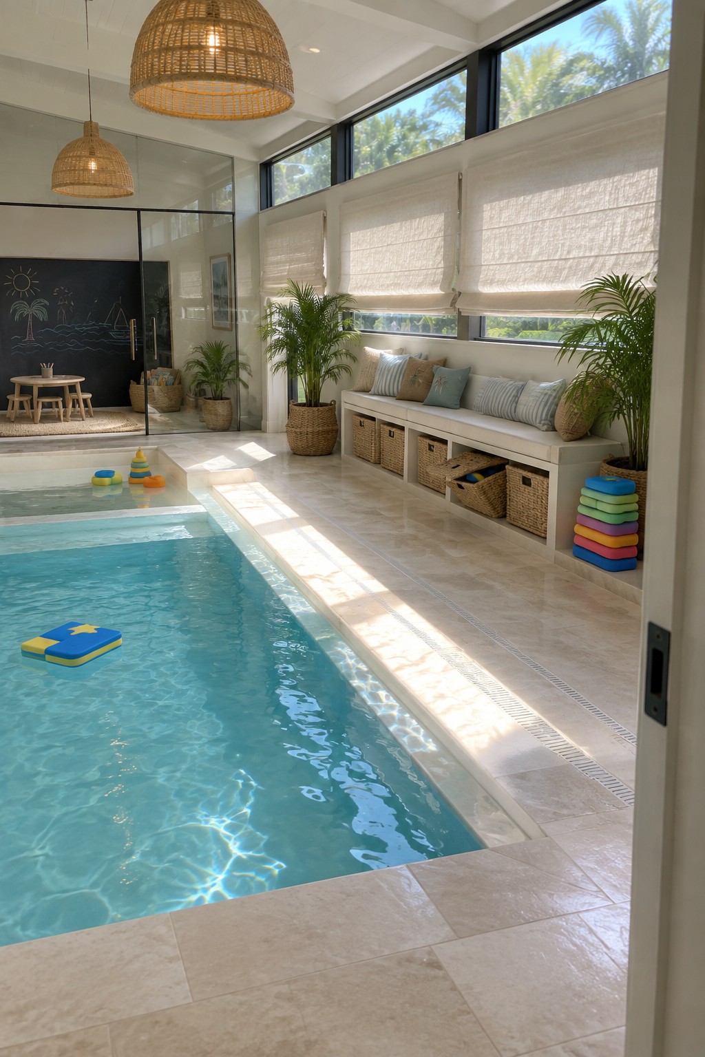 An indoor pool with a long built-in bench along one wall, featuring storage baskets, cushions, and potted plants beside large windows.