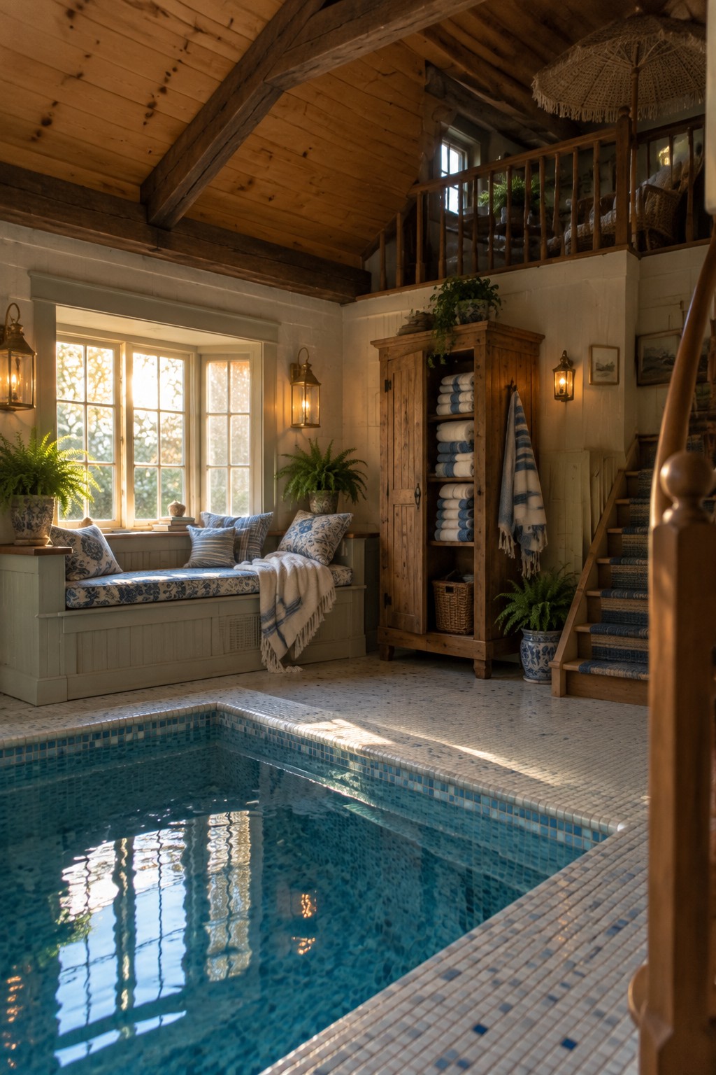 An indoor pool with blue mosaic tiles sits beside a cushioned window seat under large windows, with a tall wooden cabinet storing folded towels nearby.