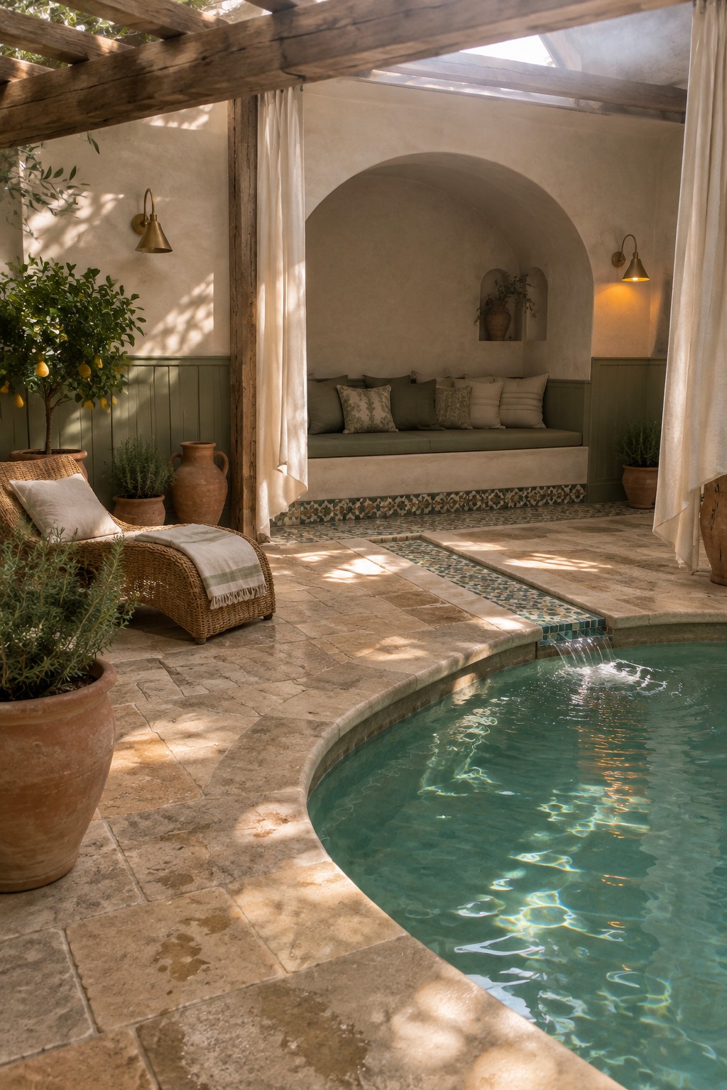 An outdoor pool with stone paving, a built-in cushioned bench set in an arched wall niche, a wicker lounge chair, and terracotta pots under a wooden pergola.