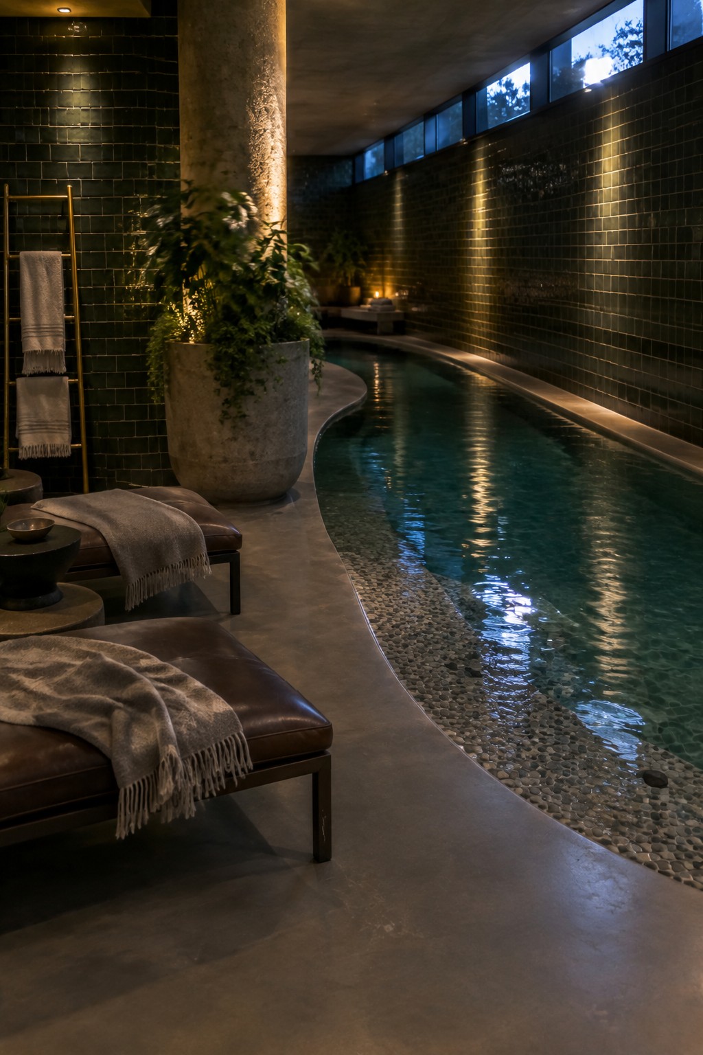 An indoor lap pool with dark green tiled walls, a pebble-lined edge, concrete flooring, and brown leather lounges with throws beside a large potted plant.