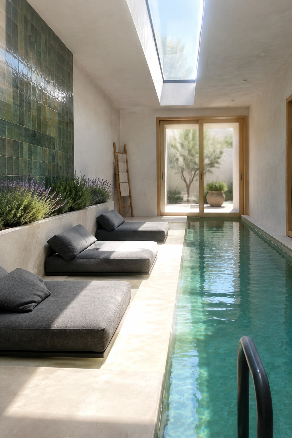An indoor pool with gray daybed lounges on a light platform next to a green tiled wall with plants, lit by a skylight.