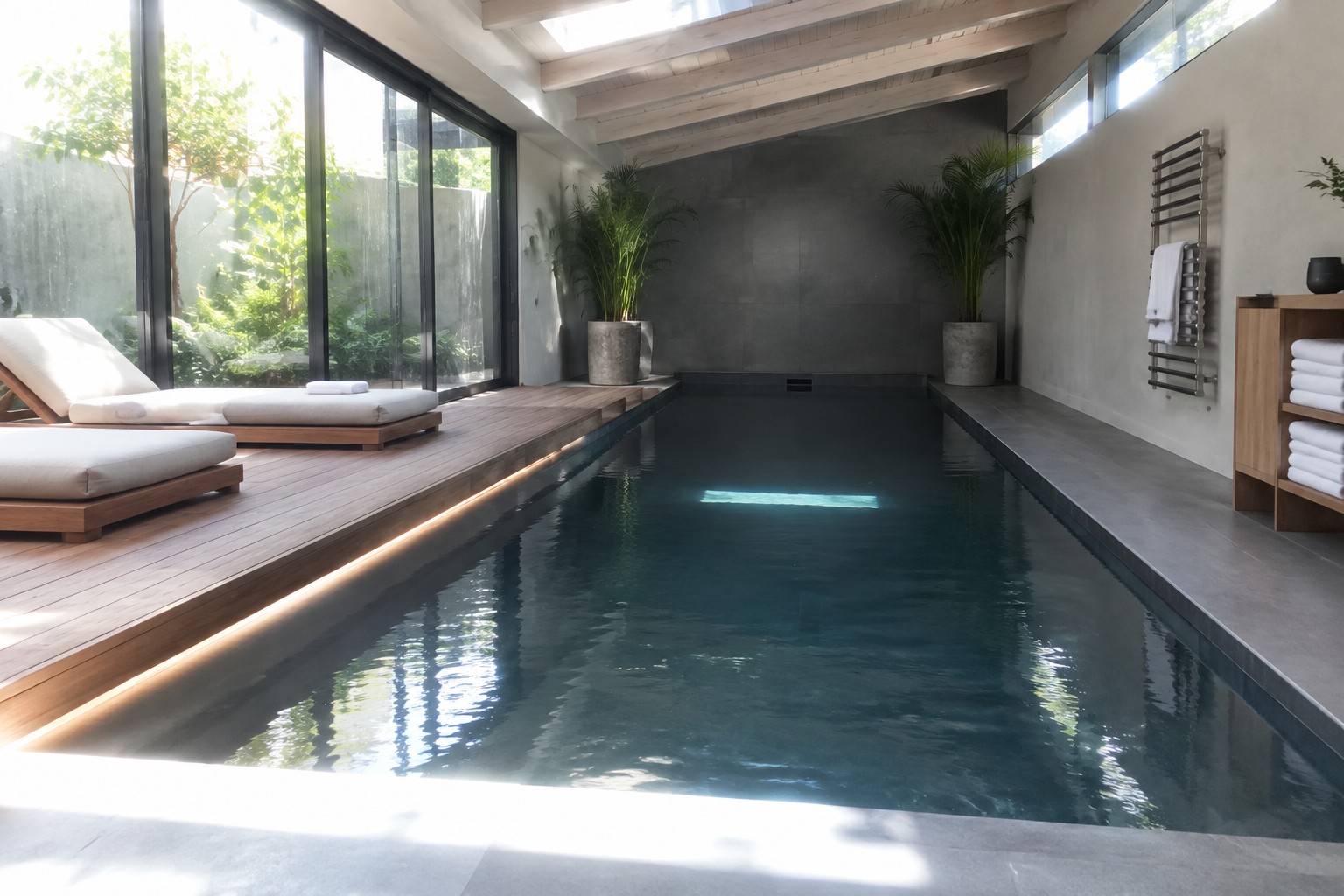 An indoor pool with dark stone tile, a light wood raised deck on the left holding two lounge chairs and potted palms, and large glass doors on the right overlooking a garden.