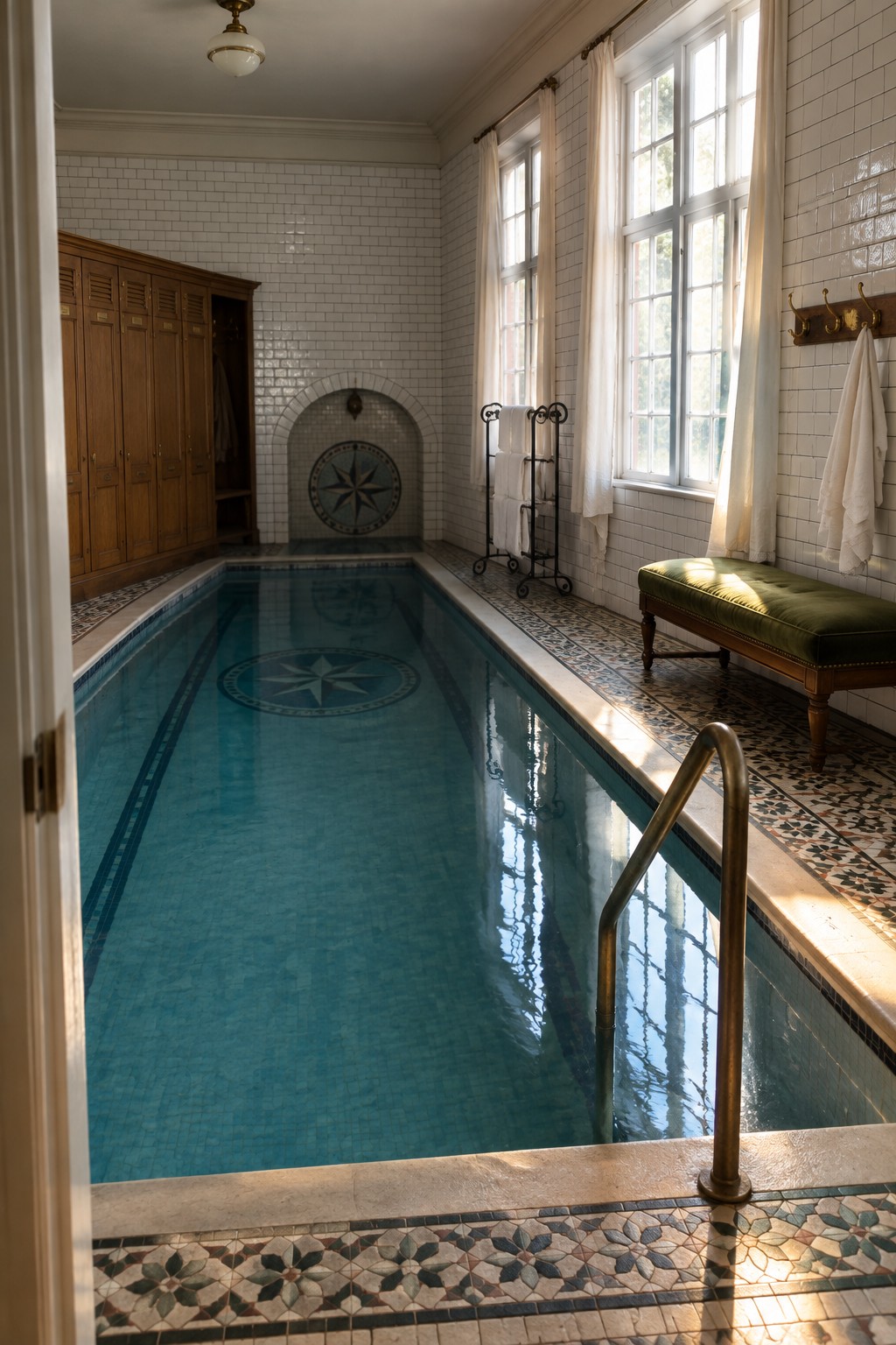 Indoor pool with blue water, compass mosaics, white tiles, green bench, and sunlit windows