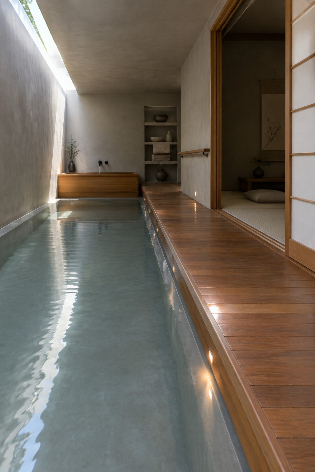 A long narrow indoor pool with a concrete edge runs parallel to a wooden deck with recessed lights and built-in shelves, opening through a sliding door into a tatami room.
