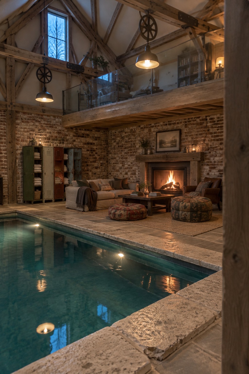 An indoor pool with a lounge area, fireplace, brick walls, and exposed wooden beams in a high-ceilinged space.