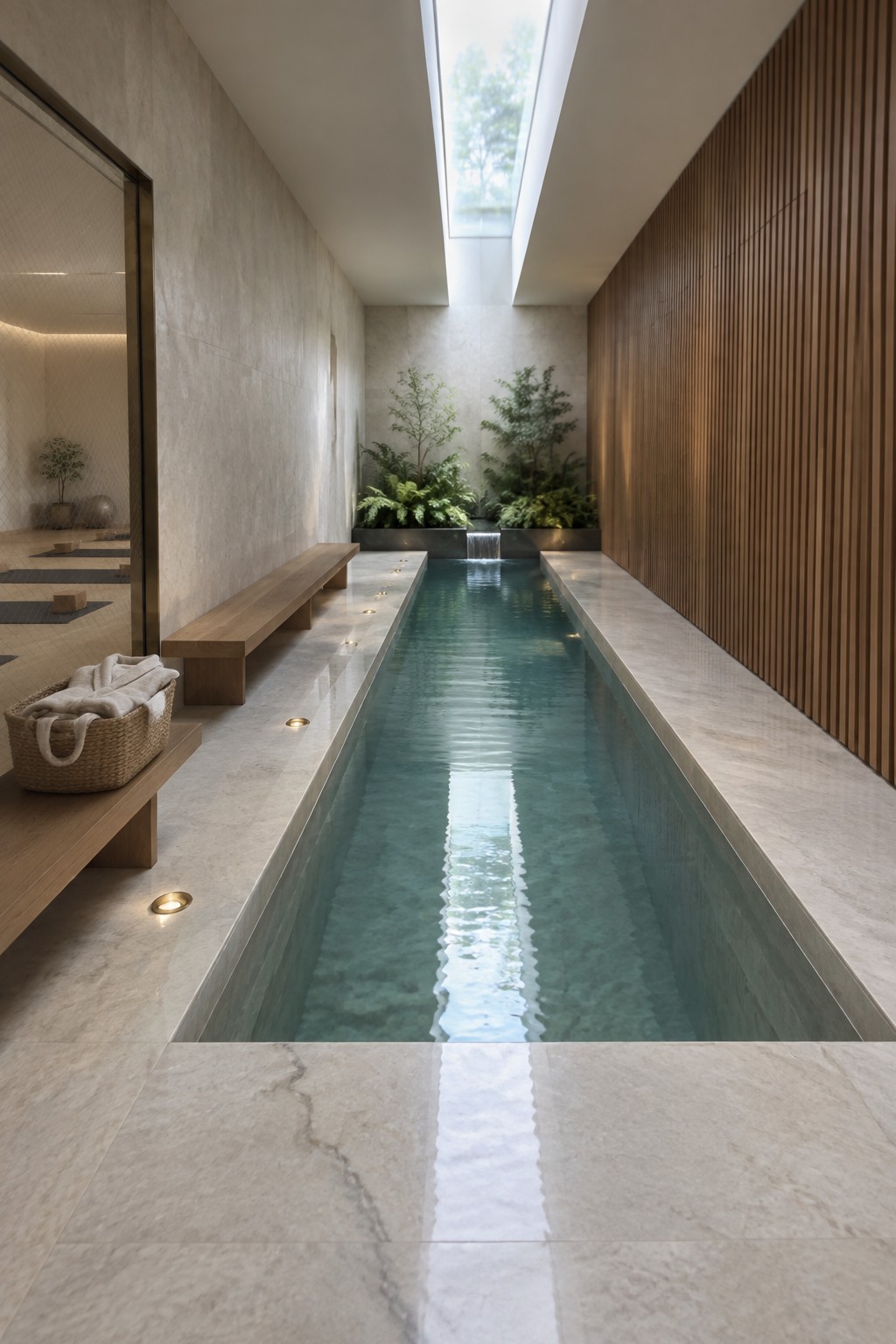 A long narrow indoor lap pool with light teal water runs beneath a full-length skylight in a marble and wood room.