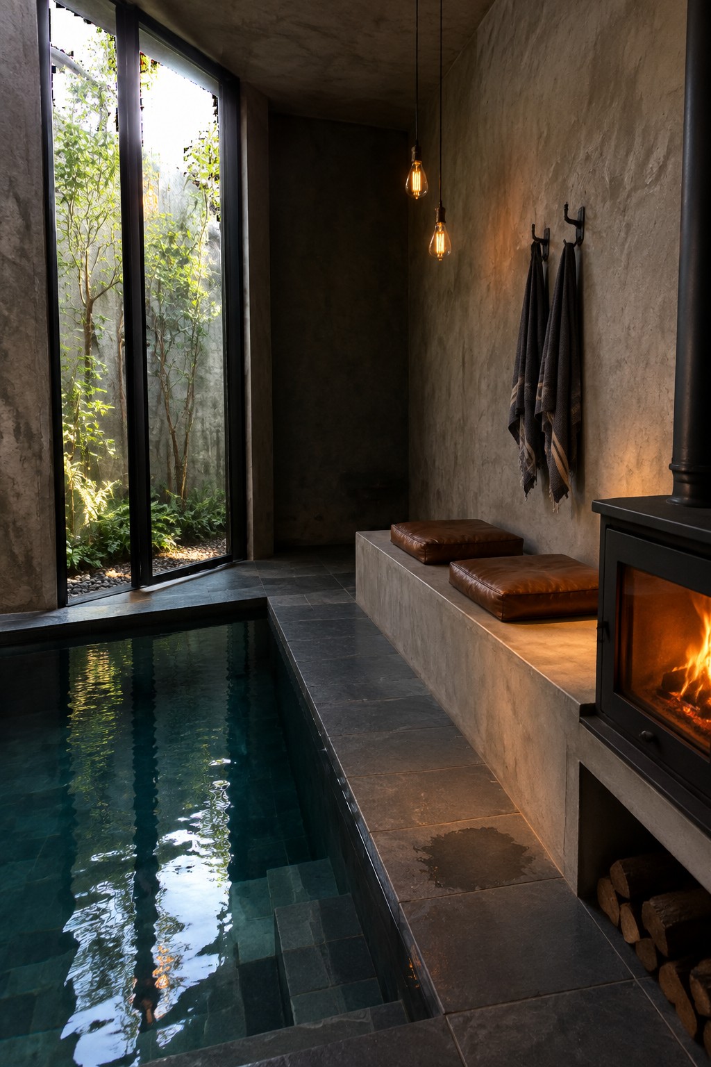 Modern indoor pool with concrete bench, wood stove, hanging bulbs, and forest-view windows.