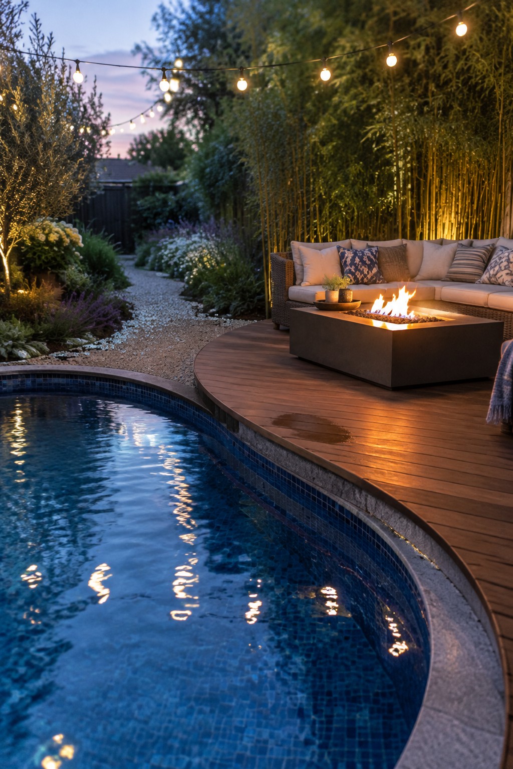 22 Stunning Plunge Pool Ideas for Small Courtyards A curved plunge pool with blue mosaic tiles borders a wooden deck that holds a rectangular fire pit and a cushioned outdoor sectional, with string lights overhead and tall bamboo plants in the background.