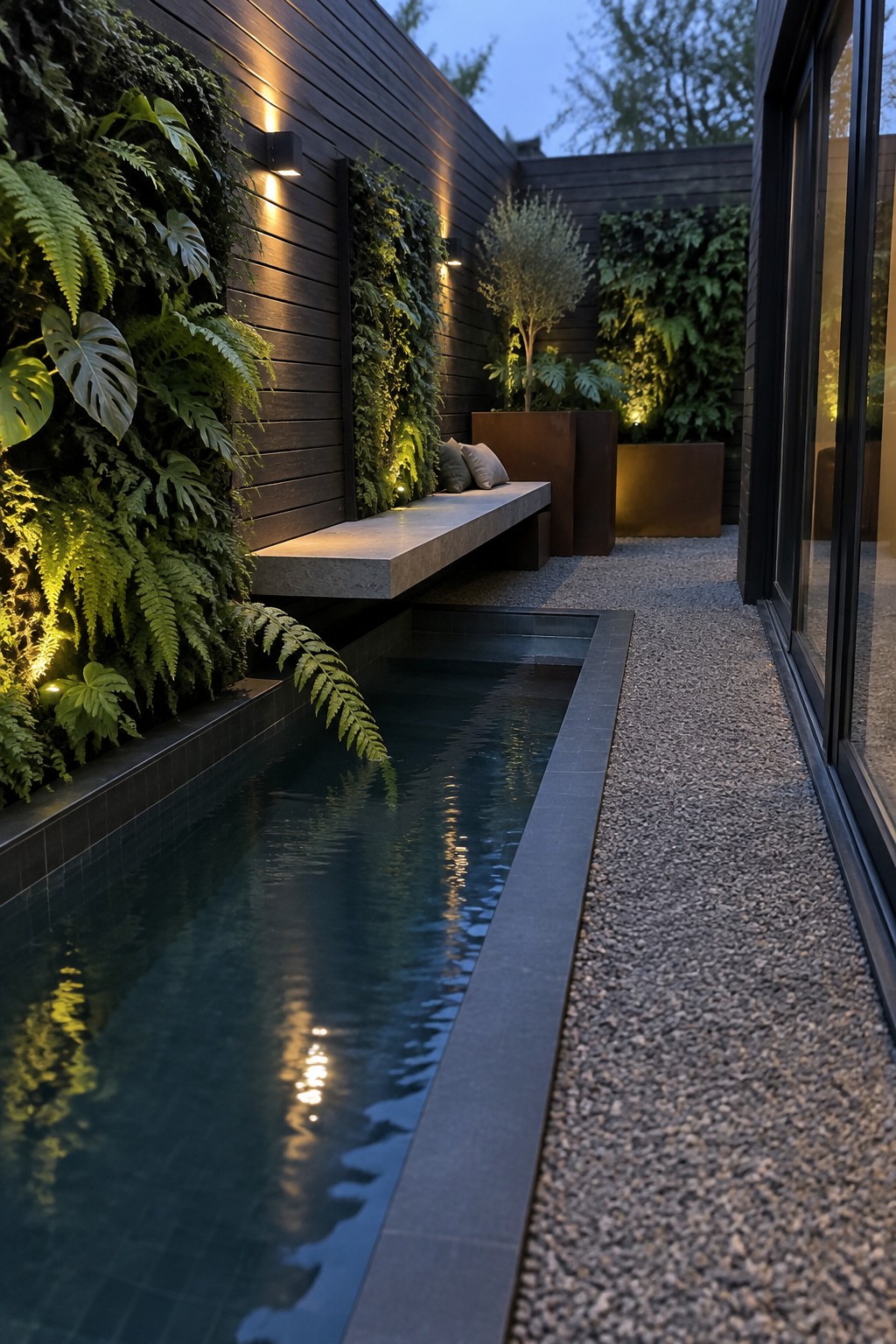 22 Stunning Plunge Pool Ideas for Small Courtyards A narrow plunge pool runs parallel to a cantilevered concrete bench in a small courtyard with vertical gardens on dark wood walls and gravel paving.