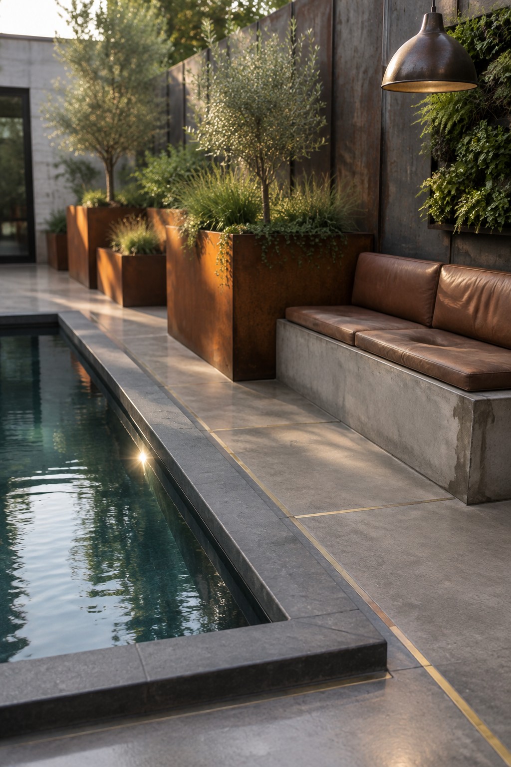 22 Stunning Plunge Pool Ideas for Small Courtyards A narrow plunge pool with a dark stone edge runs beside a long concrete bench topped with brown leather cushions, with large rusted metal planters and a living wall in the background.